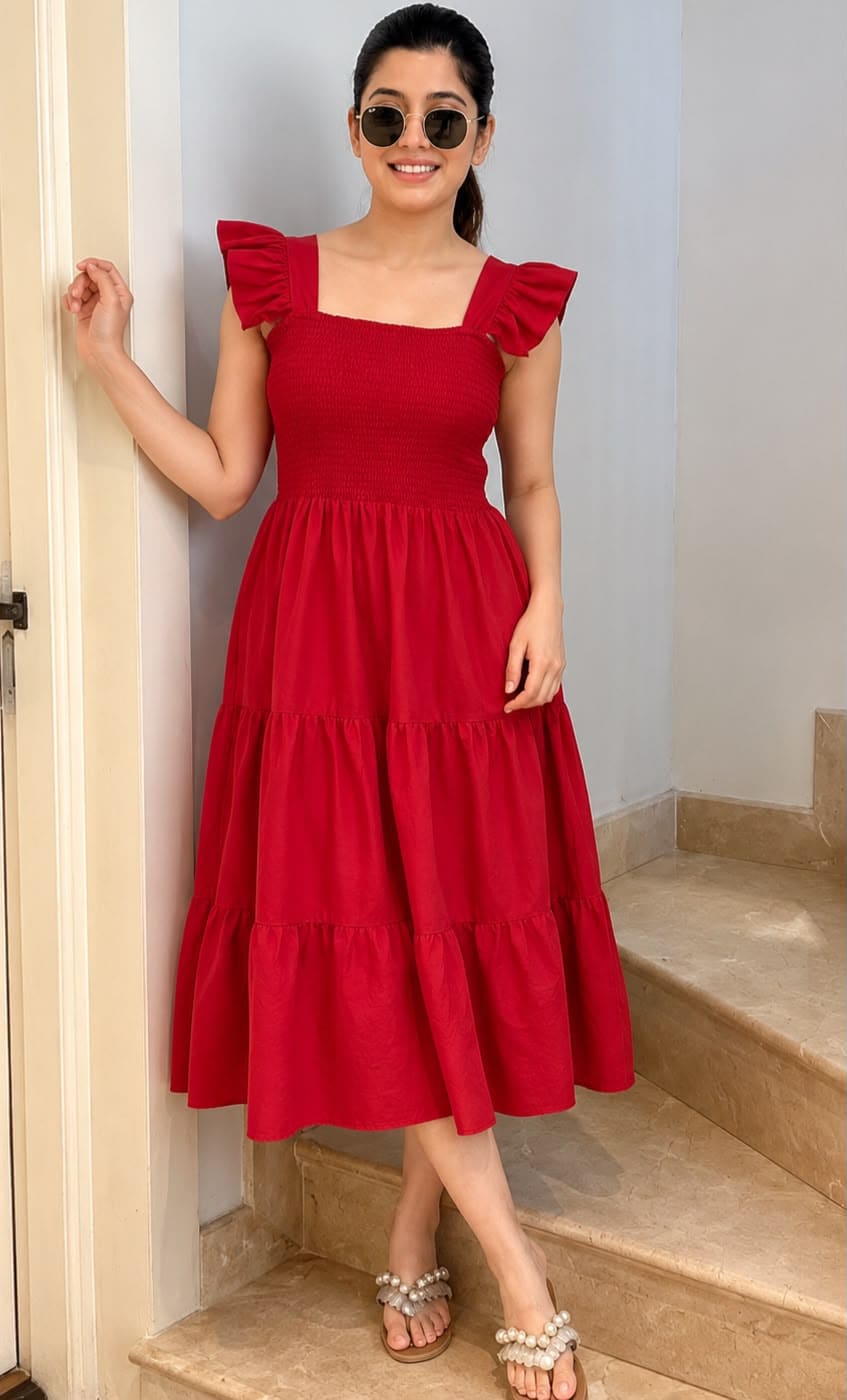Smocked Ruffle Midi Dress