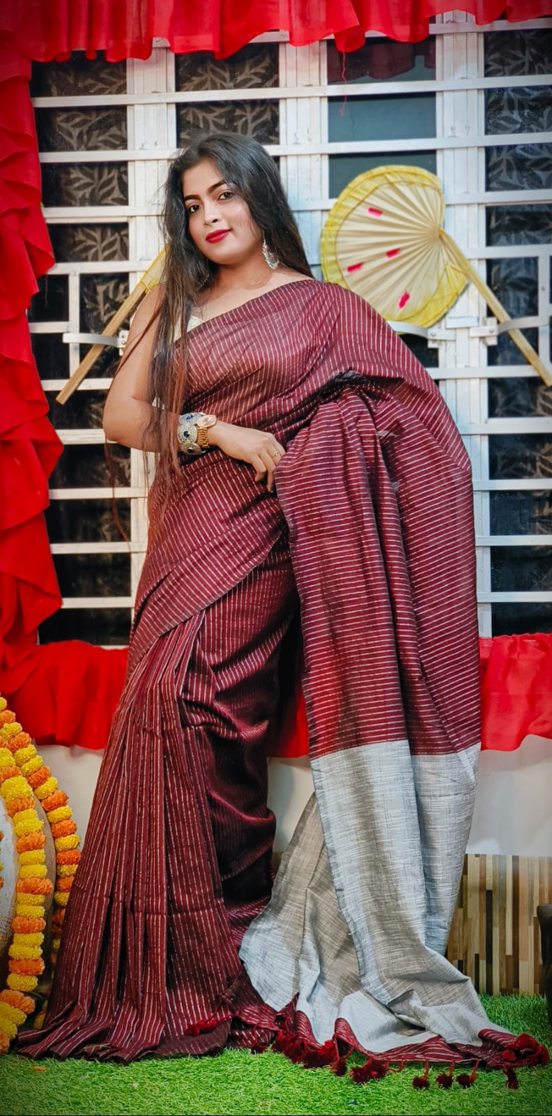 Striped Khadi Cotton Saree with Ghicha Work Pallu