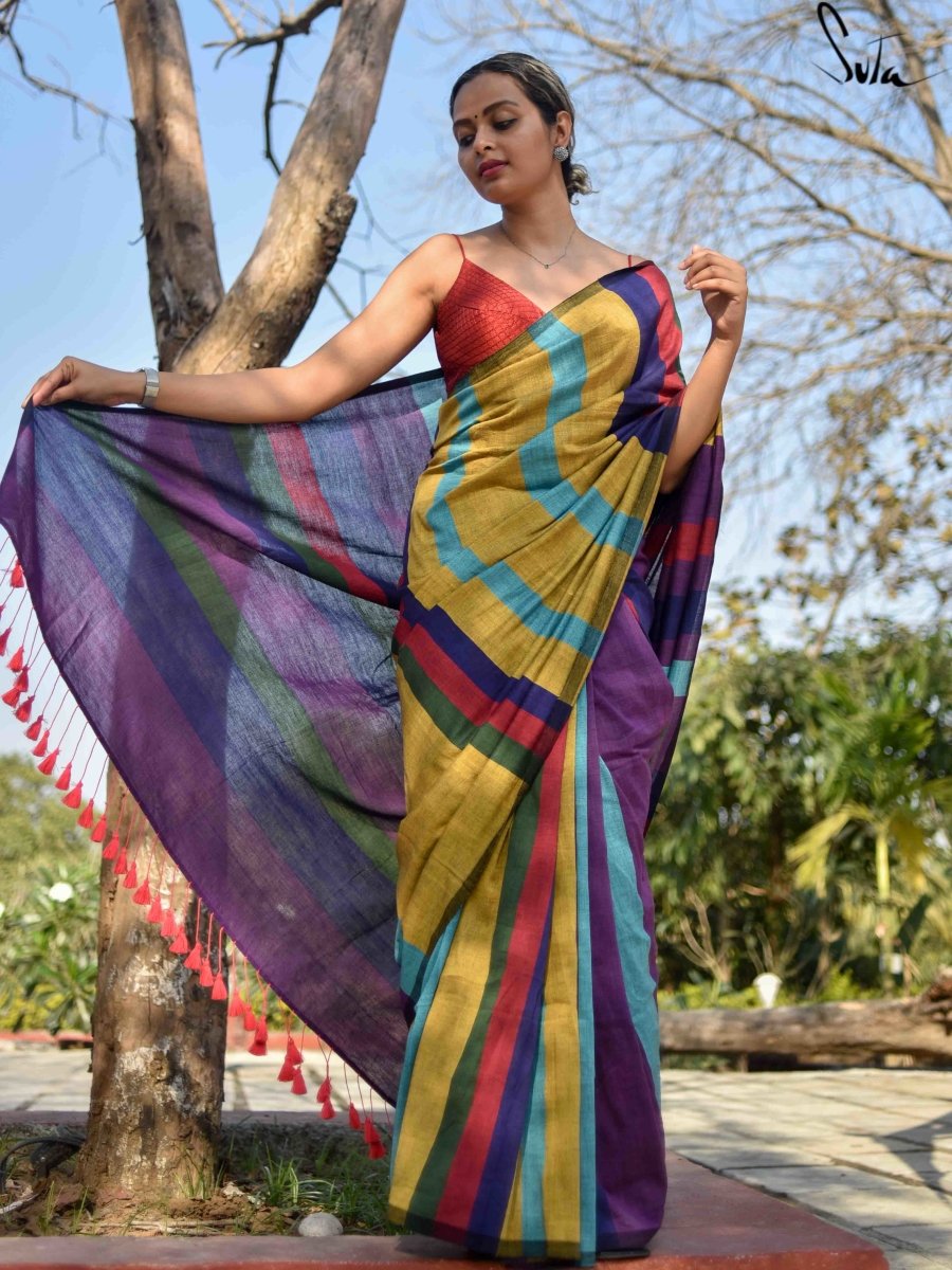 Summer Special – Khadi Cotton Colour Bar Stripe Saree
