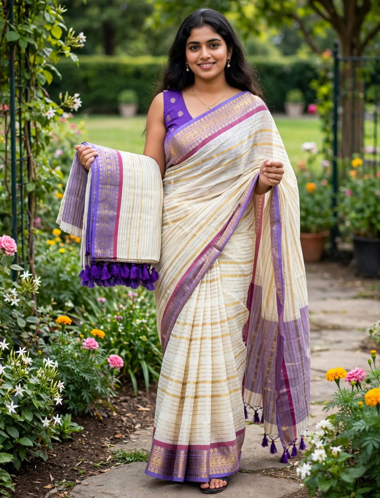 Traditional Onam Mul Cotton Kanchi Border Saree