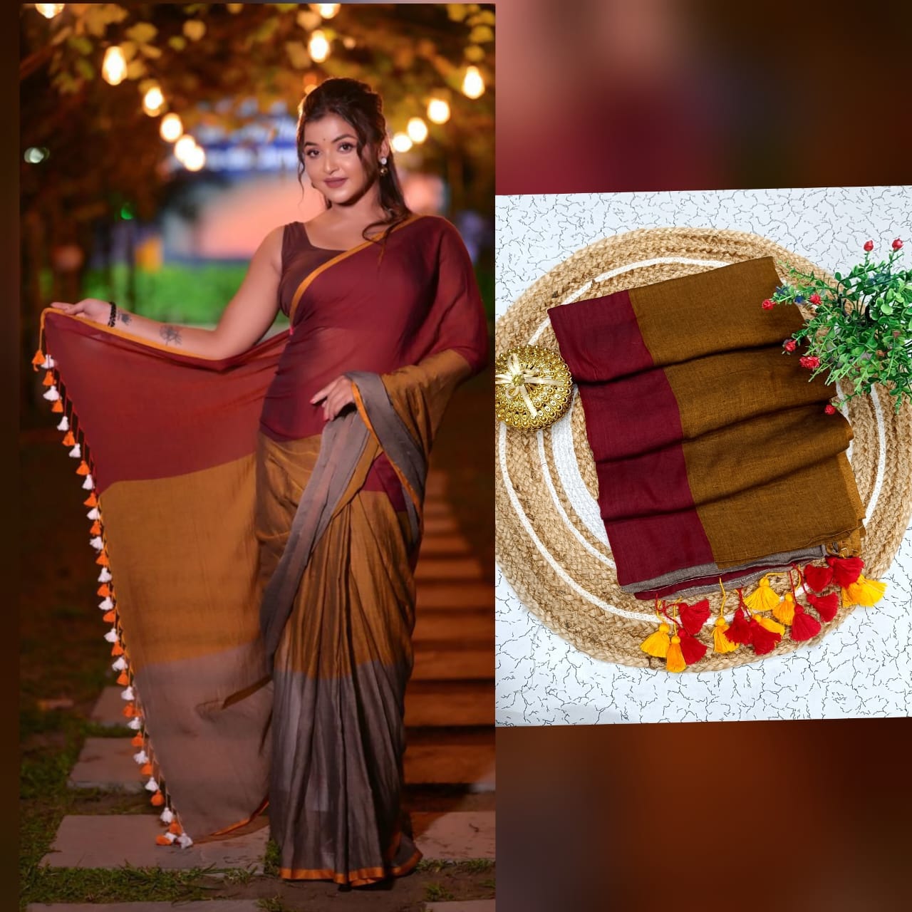 Triple Colour Rainbow Mulmul Cotton Saree