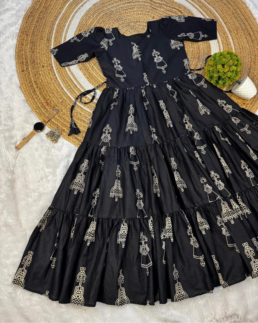 Warli Art Hand Block Cotton Maxi Gown