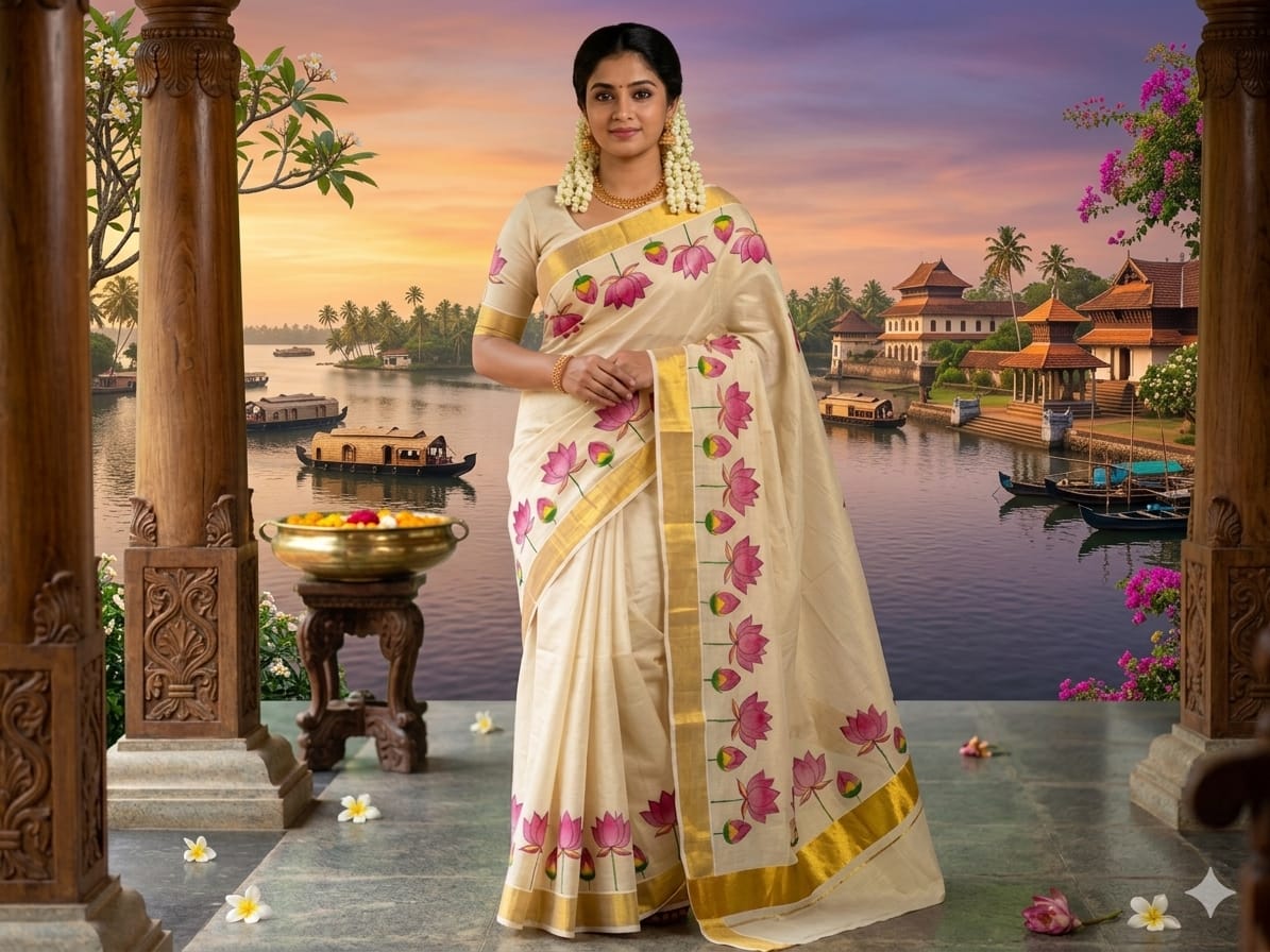 Elegant Lotus Artwork Kerala Tissue Saree