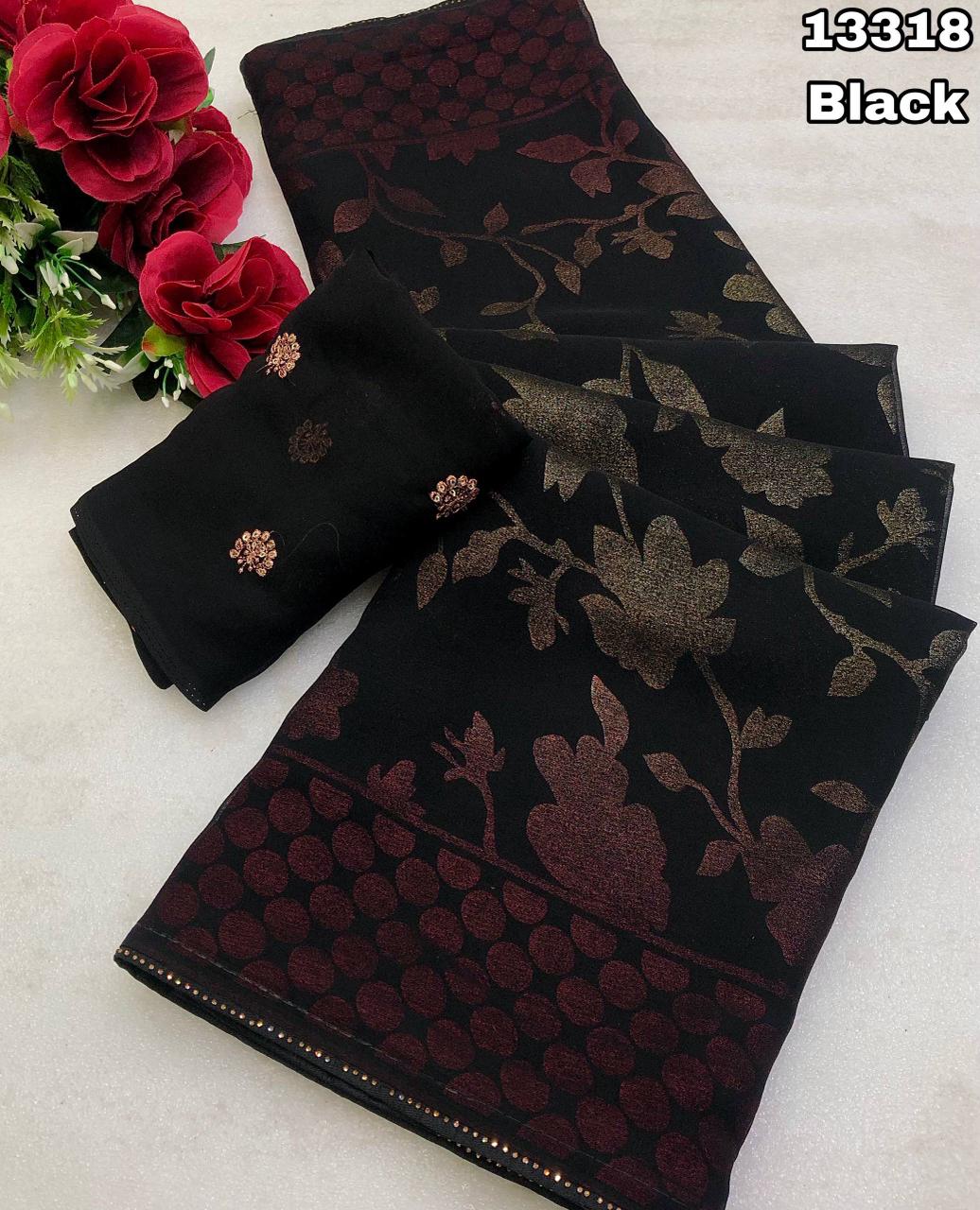 Floral Foil Print Faux Georgette Designer Saree