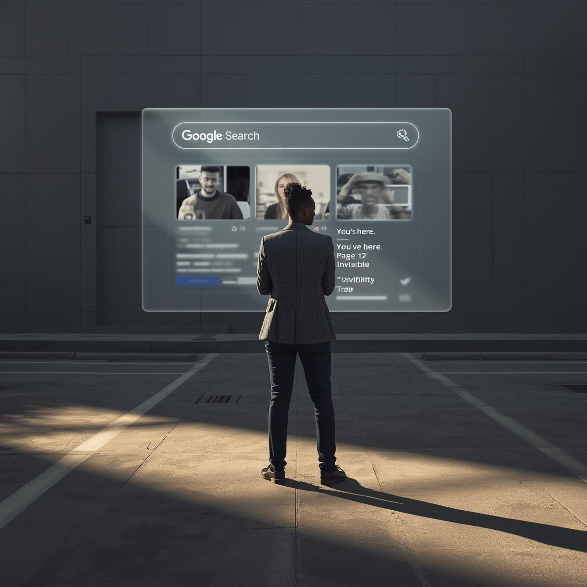 A striking, high-contrast, professional photo of a modern South African entrepreneur standing determinedly in a minimalist urban setting. A glowing, semi-transparent holographic Google Search interface is floating in front of them. The results show blurred corporate names on Page 1, but "You are here: Page 12 (Invisible)" is brightly highlighted, emphasizing the "Visibility Trap." Sunlight casts long shadows on the pavement, symbolizing the "economic divide" and the struggle for emerging founders. The overall mood is serious, cinematic, and focused on growth.