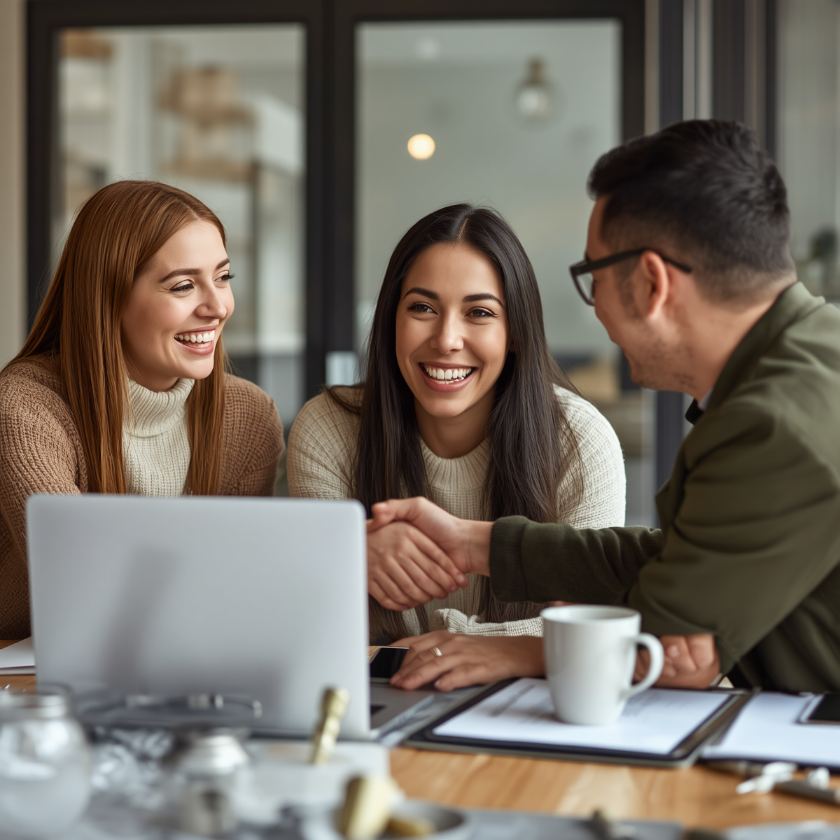 a high-quality photo of two or three people interacting naturally—laughing over a laptop or talking over a cup of coffee.