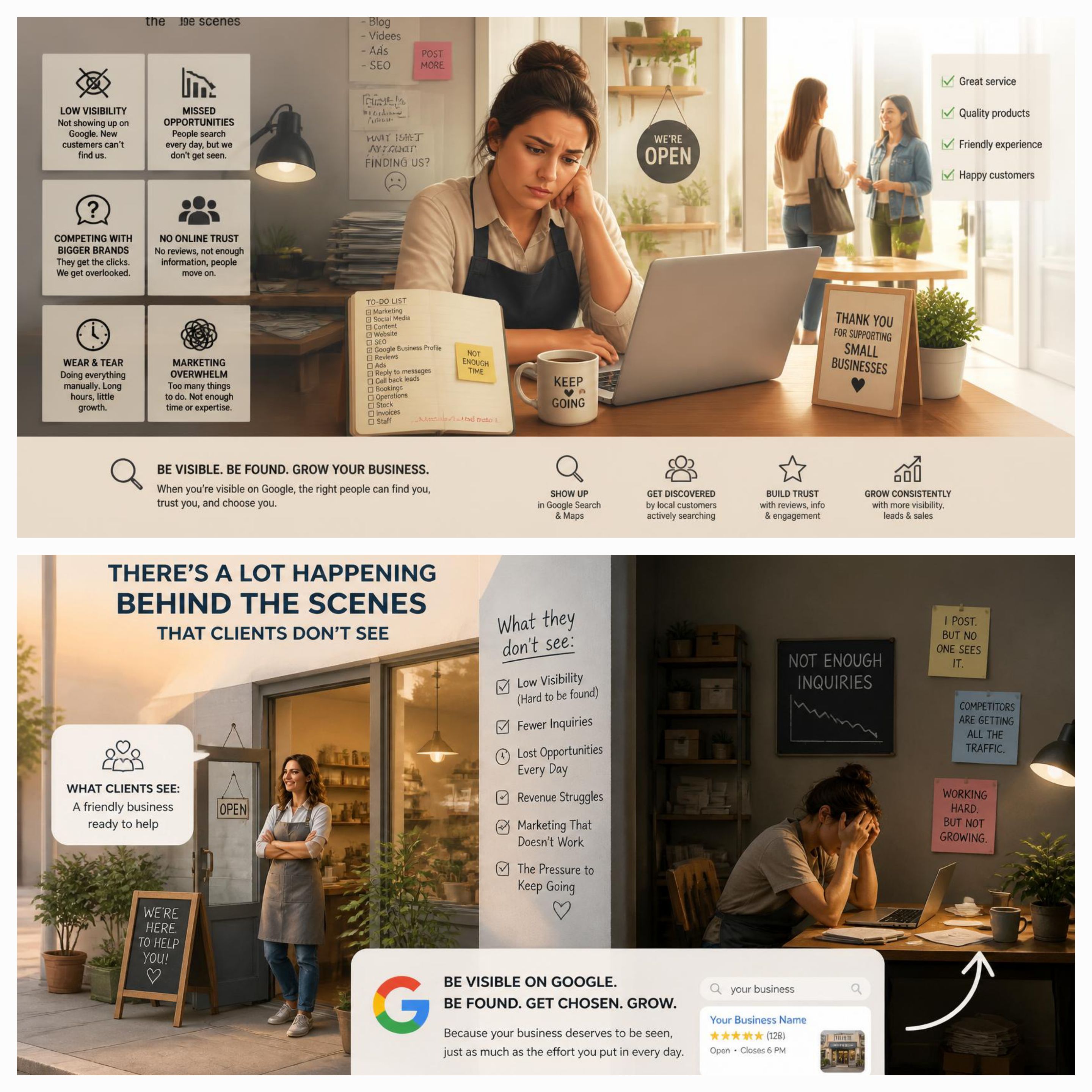 A two-panel info-graphic contrasting a local business's public storefront with the owner's hidden digital struggles—highlighting low search visibility and marketing overwhelm on top, and the gap between a friendly open shop and behind-the-scenes exhaustion on the bottom.