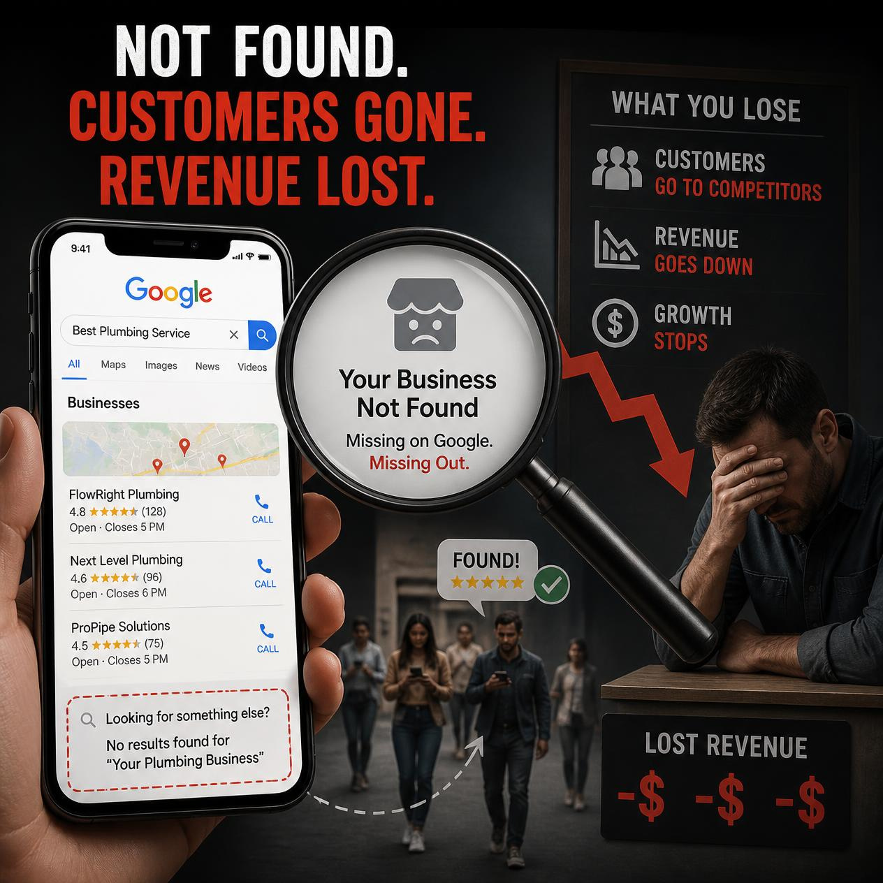An image depicting a disheartened business owner due to invisibility losing customers and revenue because people searching couldn't find their business online.