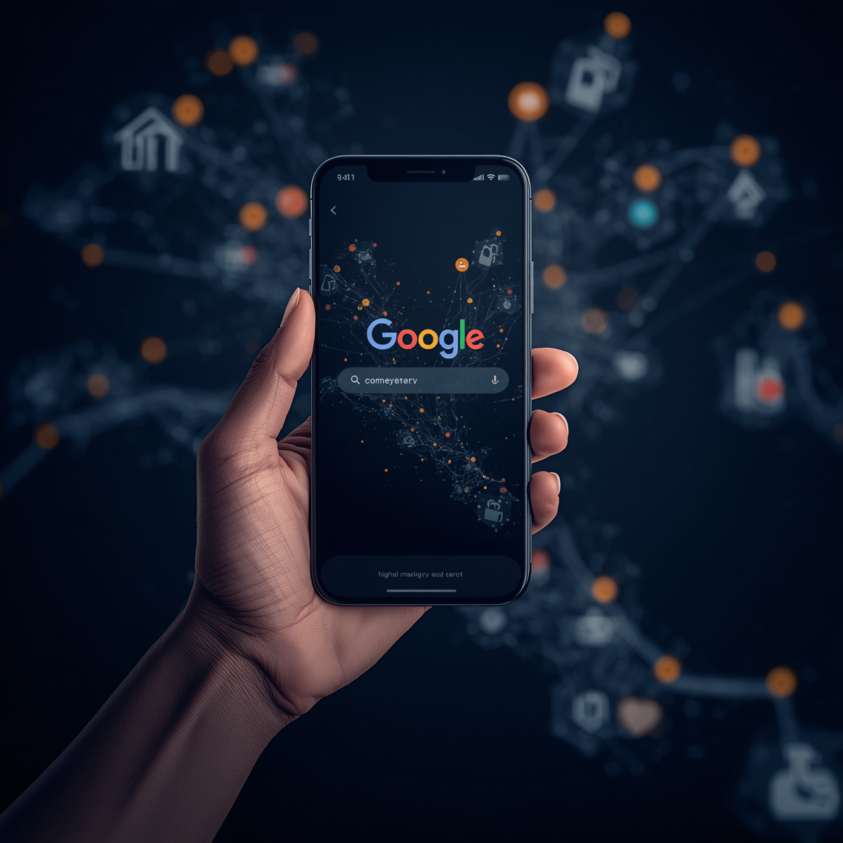 A close-up of a person's hand holding a modern smartphone displaying a Google search screen against a dark, connected digital network background with glowing orange connection nodes and abstract business icons.