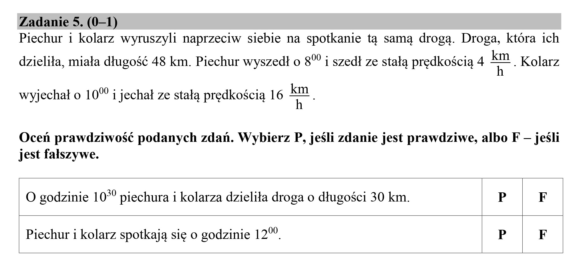 Zadanie 5. (0—1)
Piechur i kolarz wyruszyli naprzeciw siebie na spotkanie tą samą drogą. Droga, która ich
dzieliła, miała długość 48 km. Piechur wyszedł o 8” i szedł ze stałą prędkością 4 km „ Kolarz
wyjechał o 107" i jechał ze stałą prędkością 16 |" .
Oceń prawdziwość podanych zdań. Wybierz P, jeśli zdanie jest prawdziwe, albo F — jeśli
jest fałszywe.
O godzinie 10”? piechura i kolarza dzieliła droga o długości 30 km. P F
Piechur i kolarz spotkają się o godzinie 127. P F