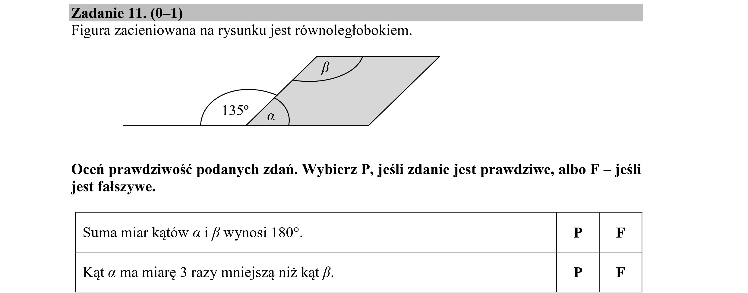 Zadanie 11. (0—1)
Figura zacieniowana na rysunku jest równoległobokiem.
EZ
ADA
Oceń prawdziwość podanych zdań. Wybierz P, jeśli zdanie jest prawdziwe, albo F — jeśli
jest fałszywe.
Suma miar kątów a 1 8 wynosi 1809. P F
Kąt a ma miarę 3 razy mniejszą niż kąt f. P F