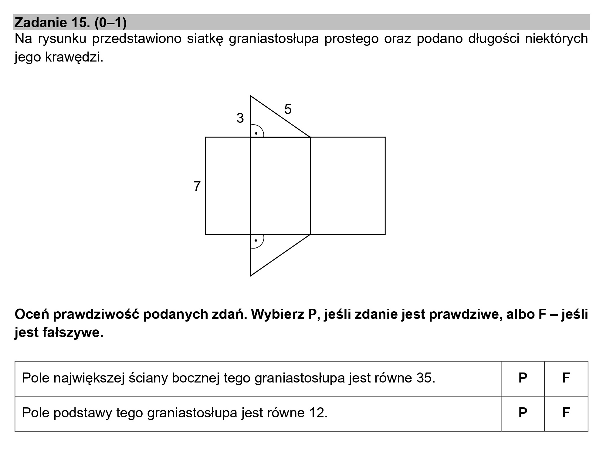 Zadanie 15. (0—1)
Na rysunku przedstawiono siatkę graniastosłupa prostego oraz podano długości niektórych
jego krawędzi.
Oceń prawdziwość podanych zdań. Wybierz P, jeśli zdanie jest prawdziwe, albo F — jeśli
jest fałszywe.
| Pole największej ściany bocznej tego graniastosłupa jest równe 35. | P F
| Pole podstawy tego graniastosłupa jest równe 12. | P F