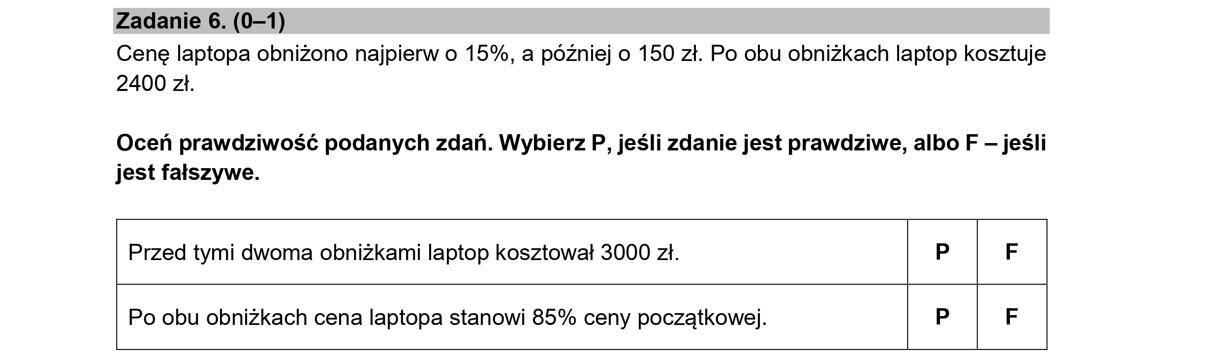 Zadanie 6. (0—1)
Cenę laptopa obniżono najpierw o 15%, a później o 150 zł. Po obu obniżkach laptop kosztuje
2400 zł.
Oceń prawdziwość podanych zdań. Wybierz P, jeśli zdanie jest prawdziwe, albo F — jeśli
jest fałszywe.
Przed tymi dwoma obniżkami laptop kosztował 3000 zł. P F |
Po obu obniżkach cena laptopa stanowi 85% ceny początkowej. P F |
