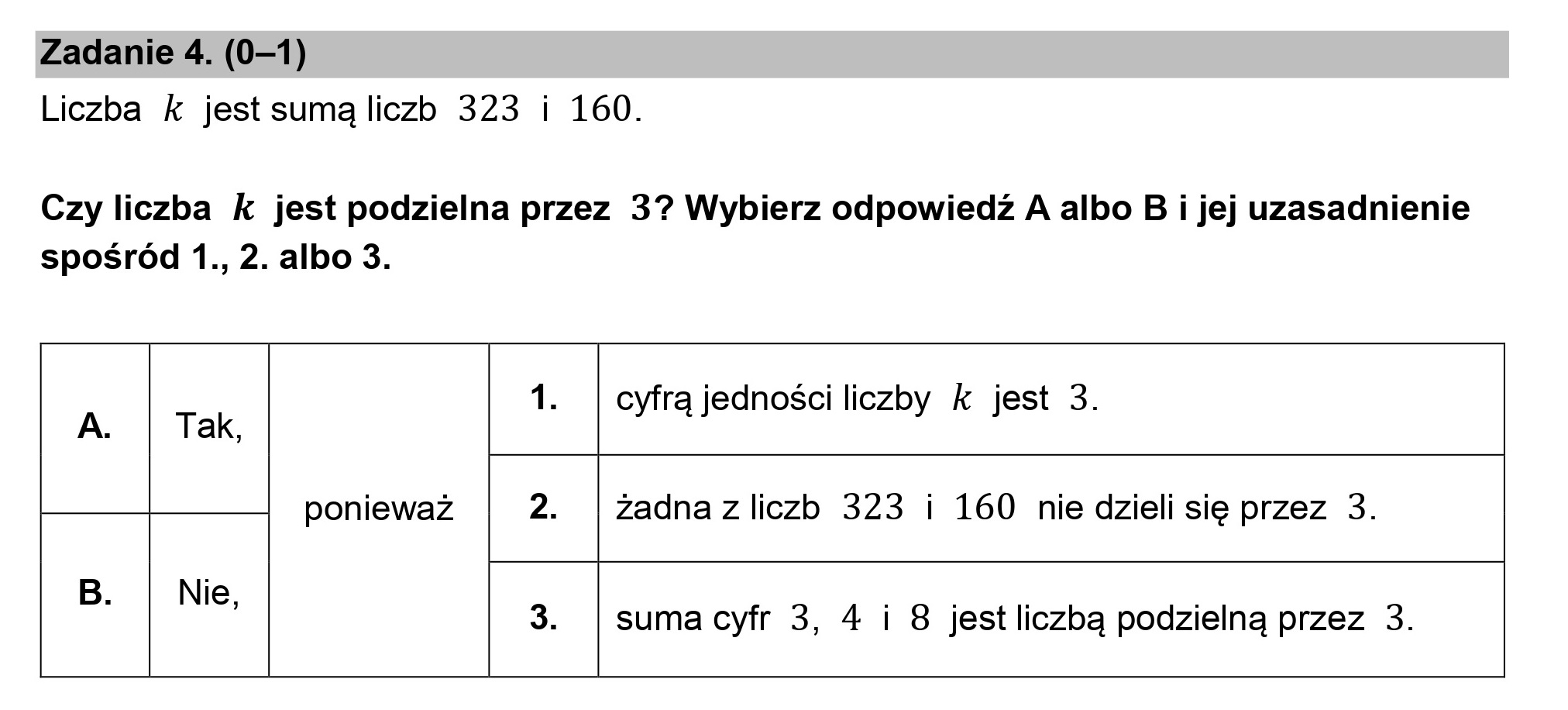 Zadanie 4. (0—1)
Liczba k jest sumą liczb 323 i 160.

Czy liczba k jest podzielna przez 3? Wybierz odpowiedź A albo B i jej uzasadnienie
spośród 1., 2. albo 3.

1. | cyfrą jedności liczby k jest 3.
A. Tak, ytraj sk

ponieważ 2. |żadnaz liczb 323 i 160 nie dzieli się przez 3.

B. | Nie
R 3. |sumacyfr 3, 4 i 8 jestliczbą podzielną przez 3.

