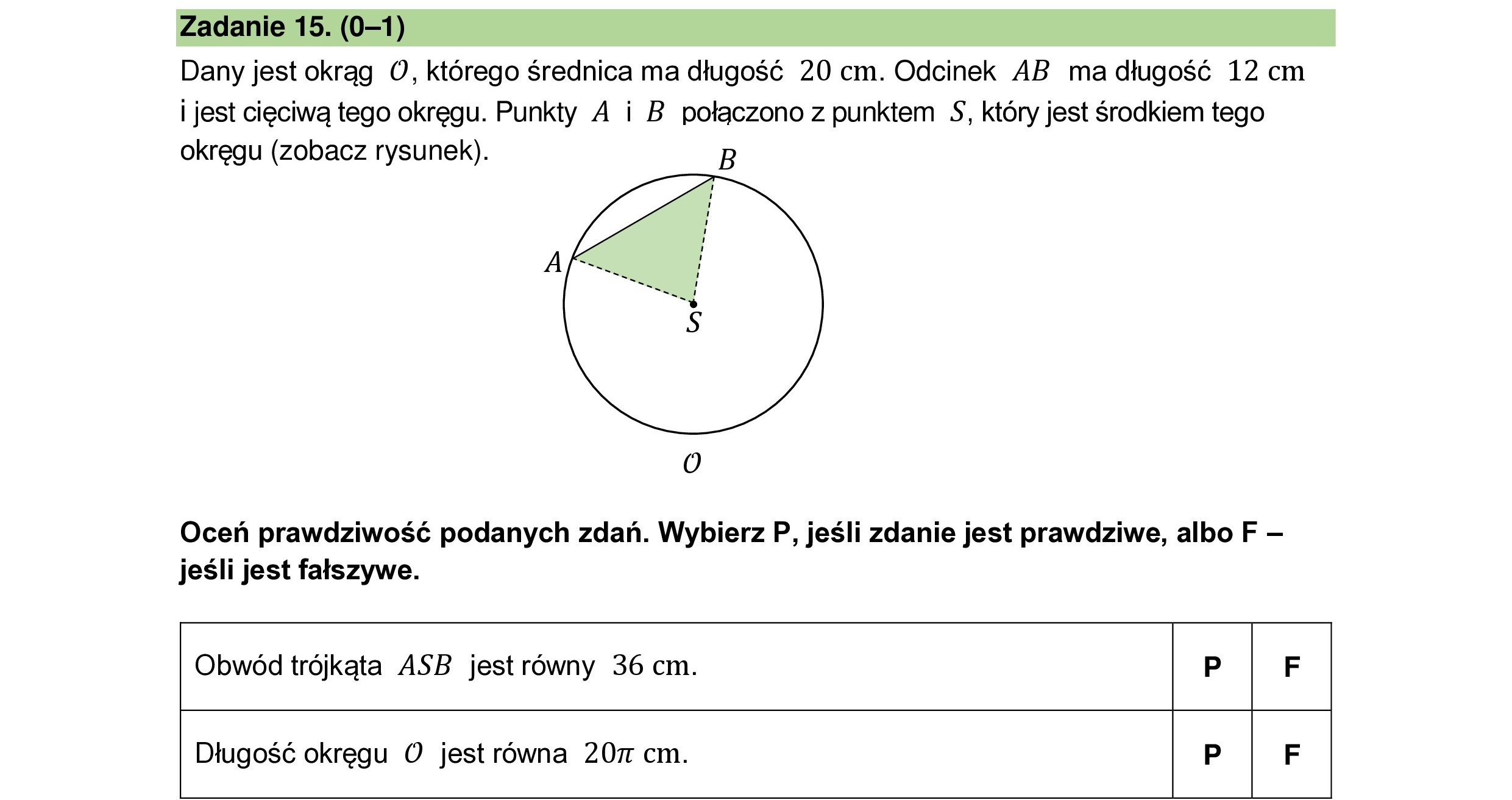Dany jest okrąg O, którego średnica ma długość 20 cm. Odcinek AB ma długość 12 cm
i jest cięciwą tego okręgu. Punkty A i B połączono z punktem S, który jest środkiem tego
okręgu (zobacz rysunek). B
O
Oceń prawdziwość podanych zdań. Wybierz P, jeśli zdanie jest prawdziwe, albo F —
jeśli jest fałszywe.
Obwód trójkąta ASB jest równy 36 cm. P F
Długość okręgu O jest równa 207 cm. P F