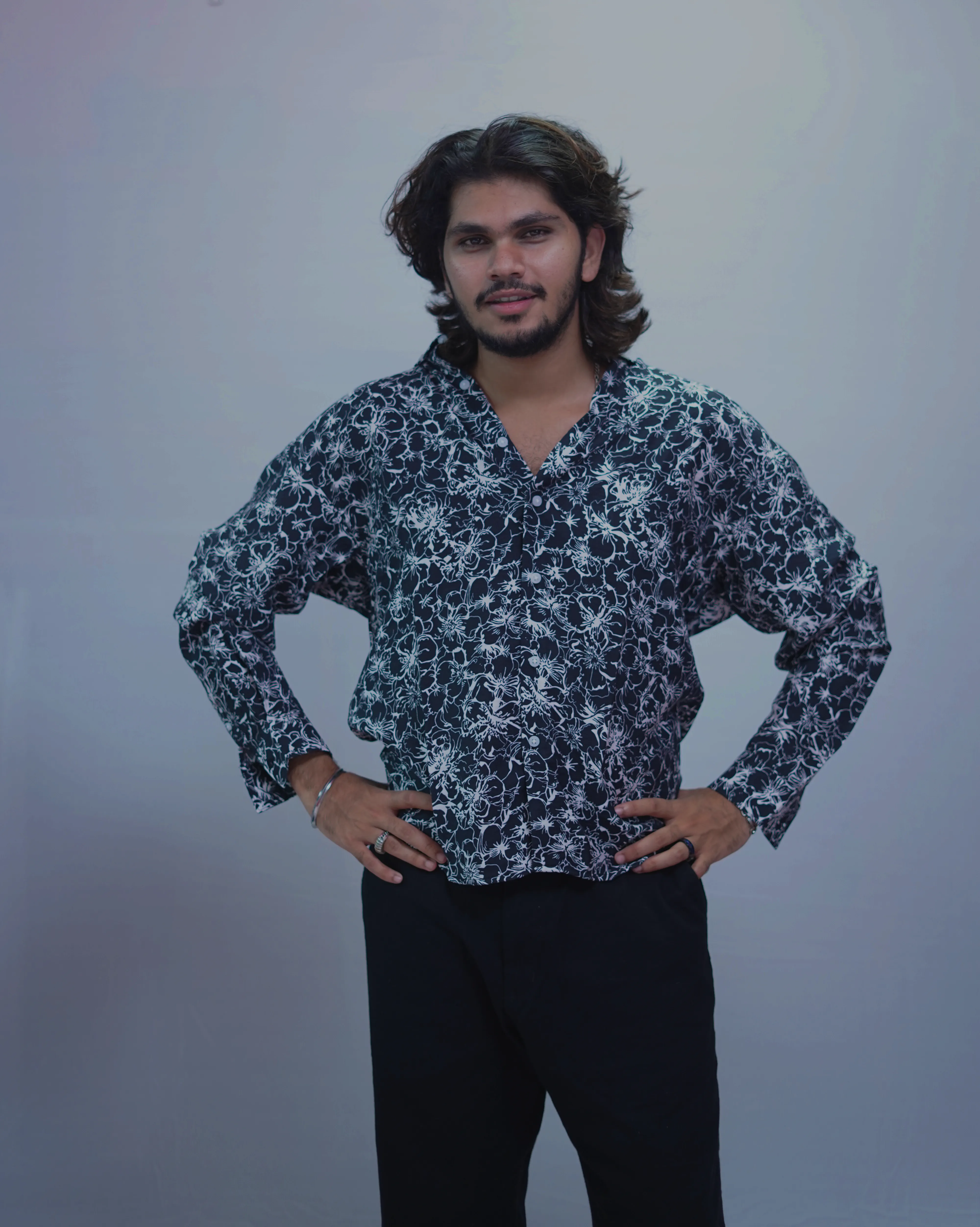 BLACK LINEN  PRINTED SHIRT