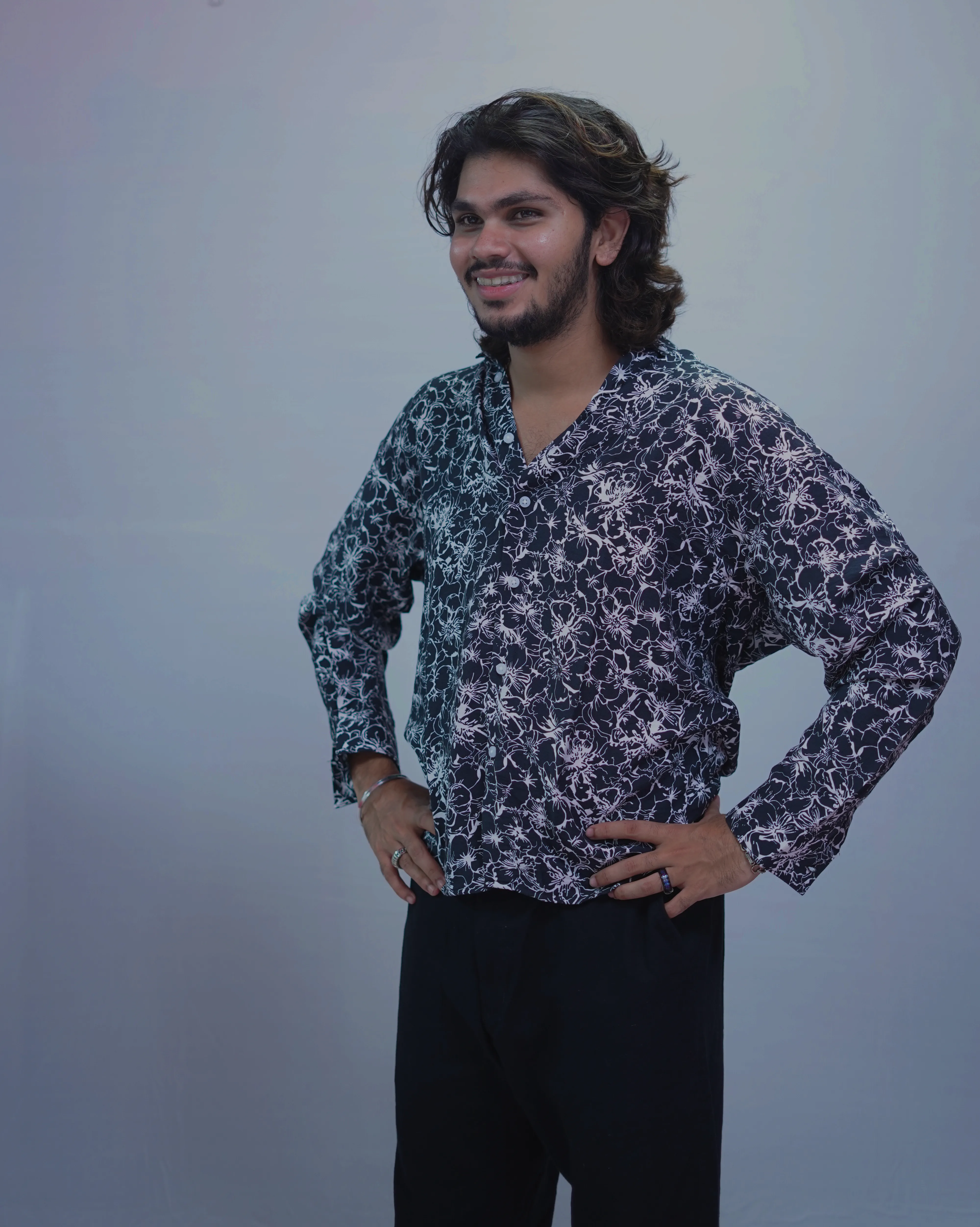 BLACK LINEN PRINTED SHIRT
