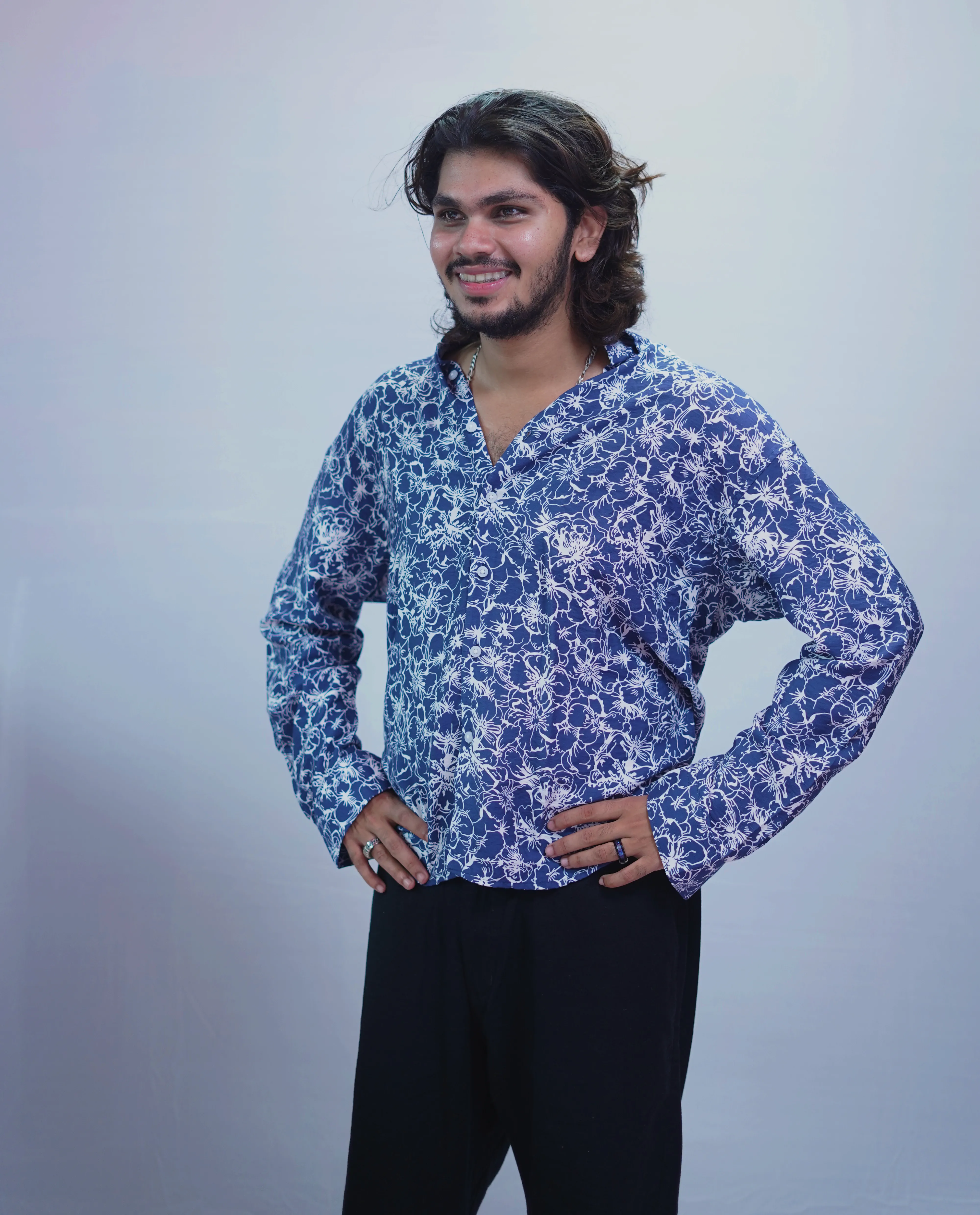 BLUE LINEN PRINTED SHIRT