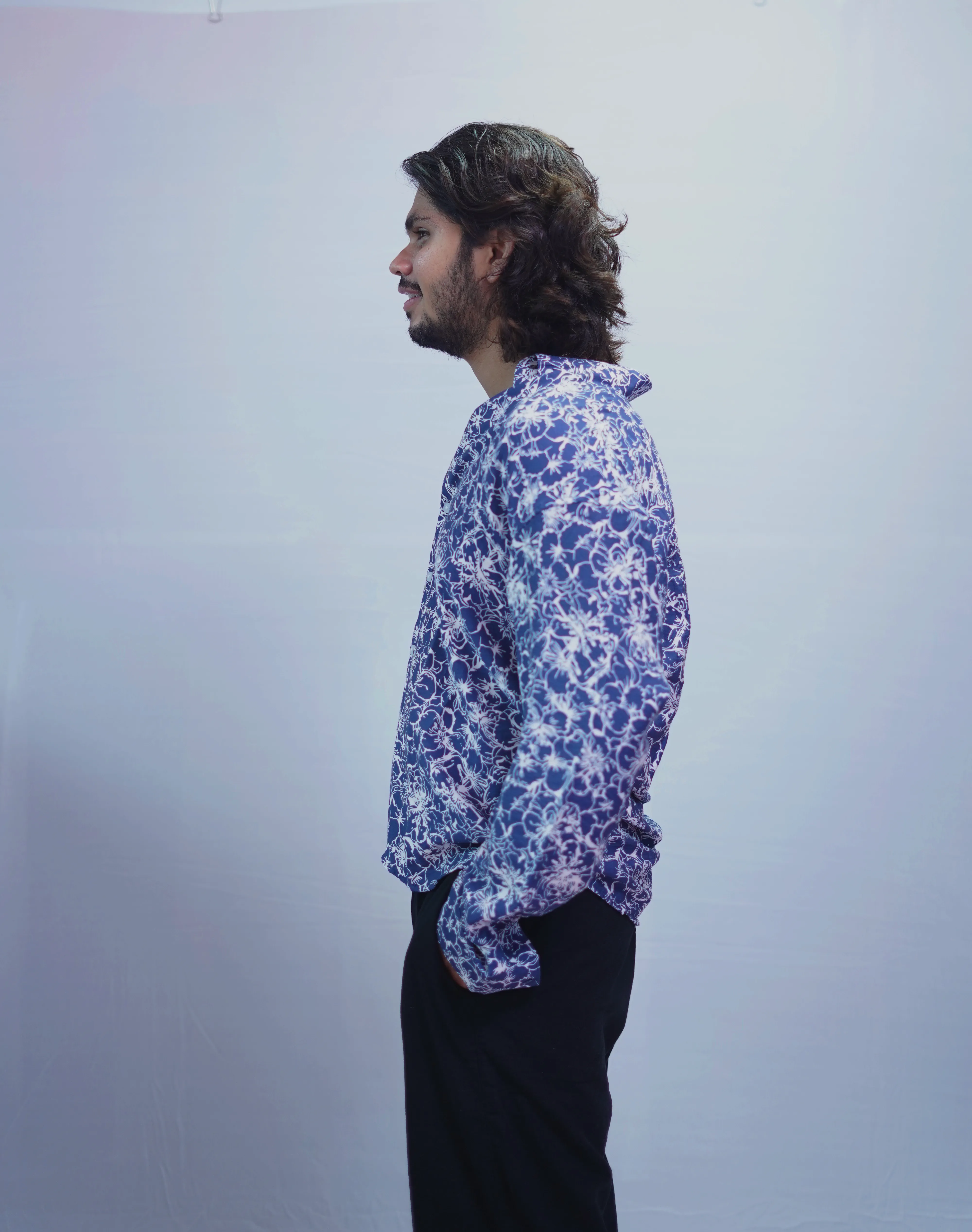 BLUE LINEN PRINTED SHIRT
