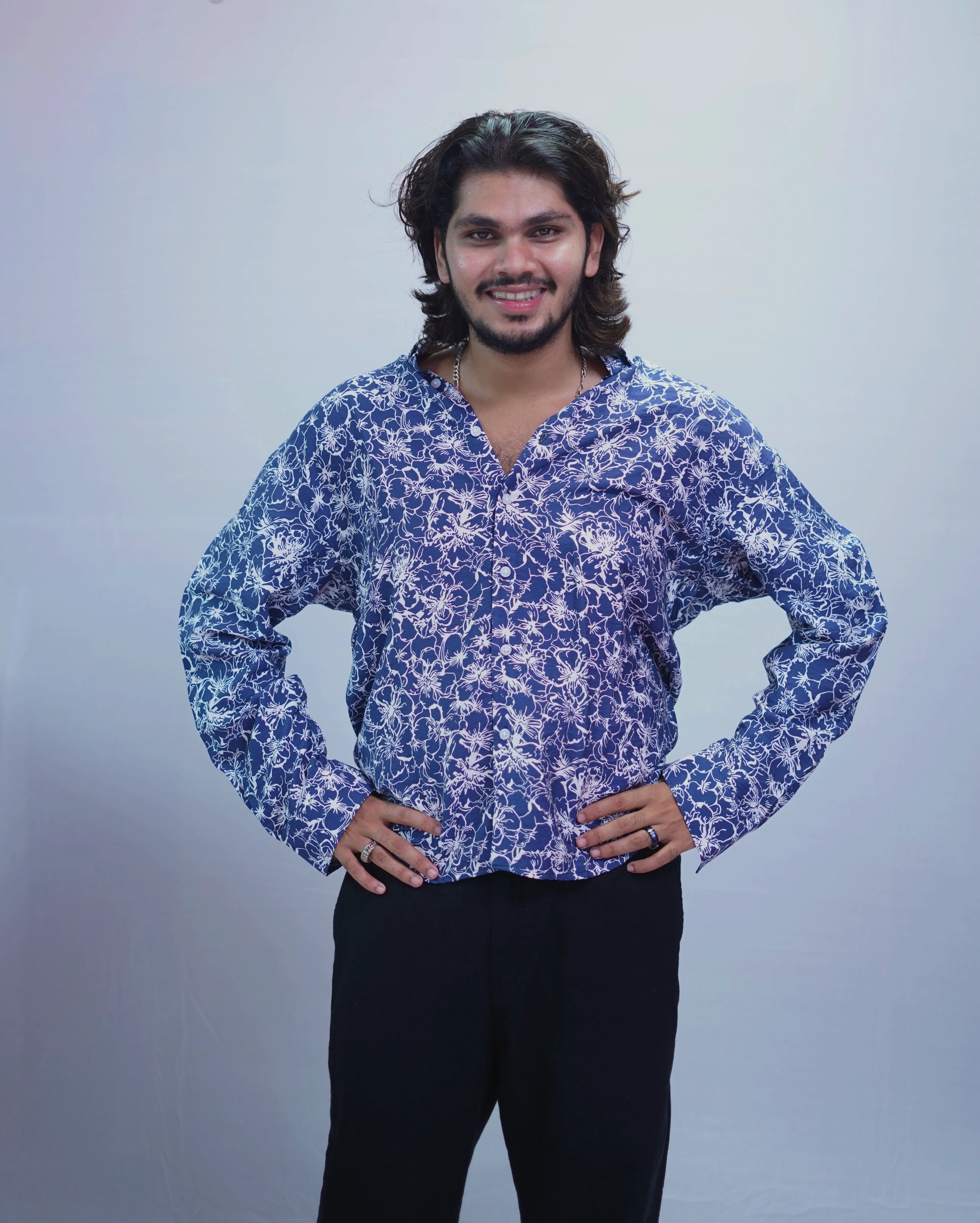 BLUE LINEN PRINTED SHIRT