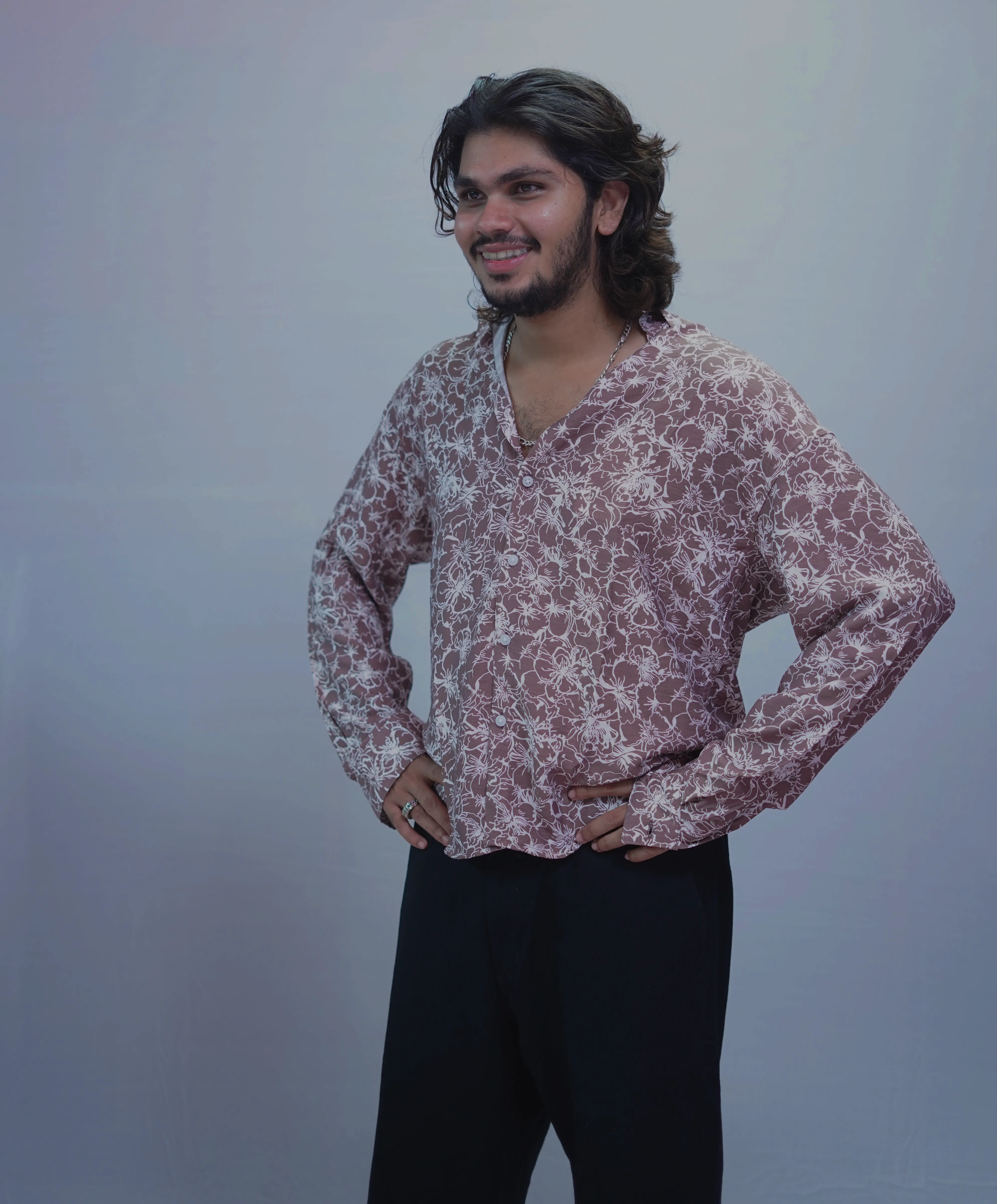 BROWN LINEN  PRINTED SHIRT