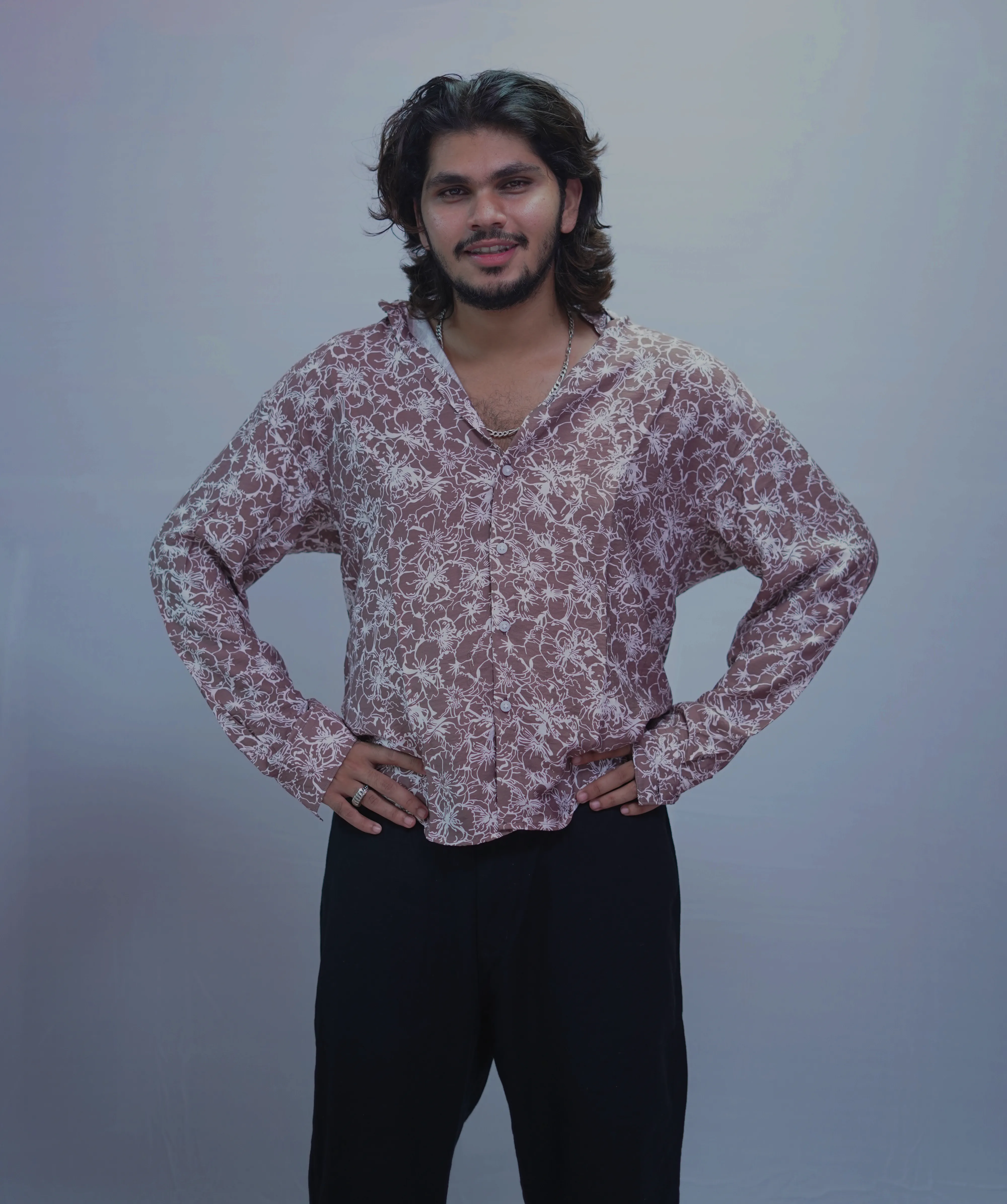 BROWN LINEN PRINTED SHIRT