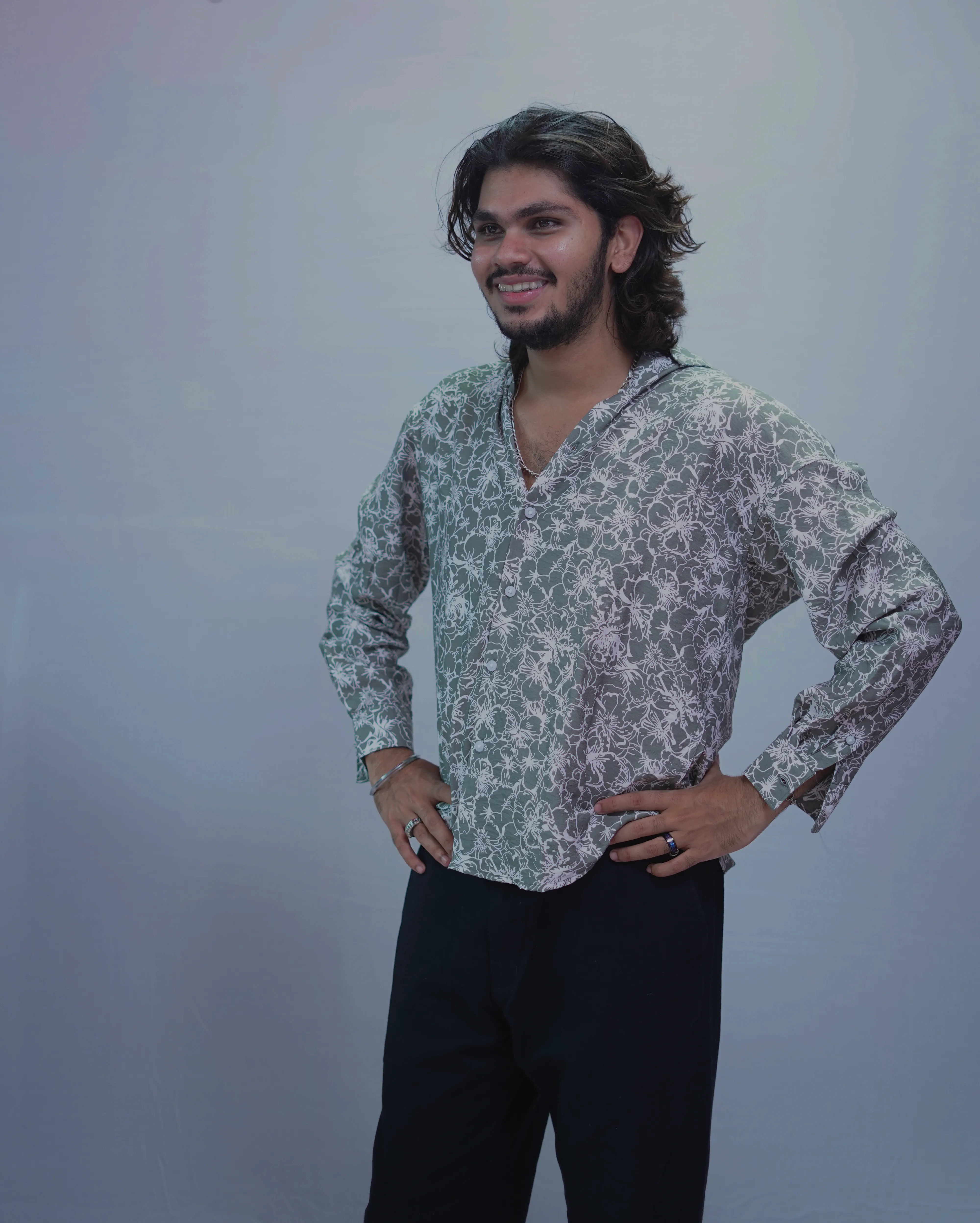 GREEN LINEN  PRINTED SHIRT
