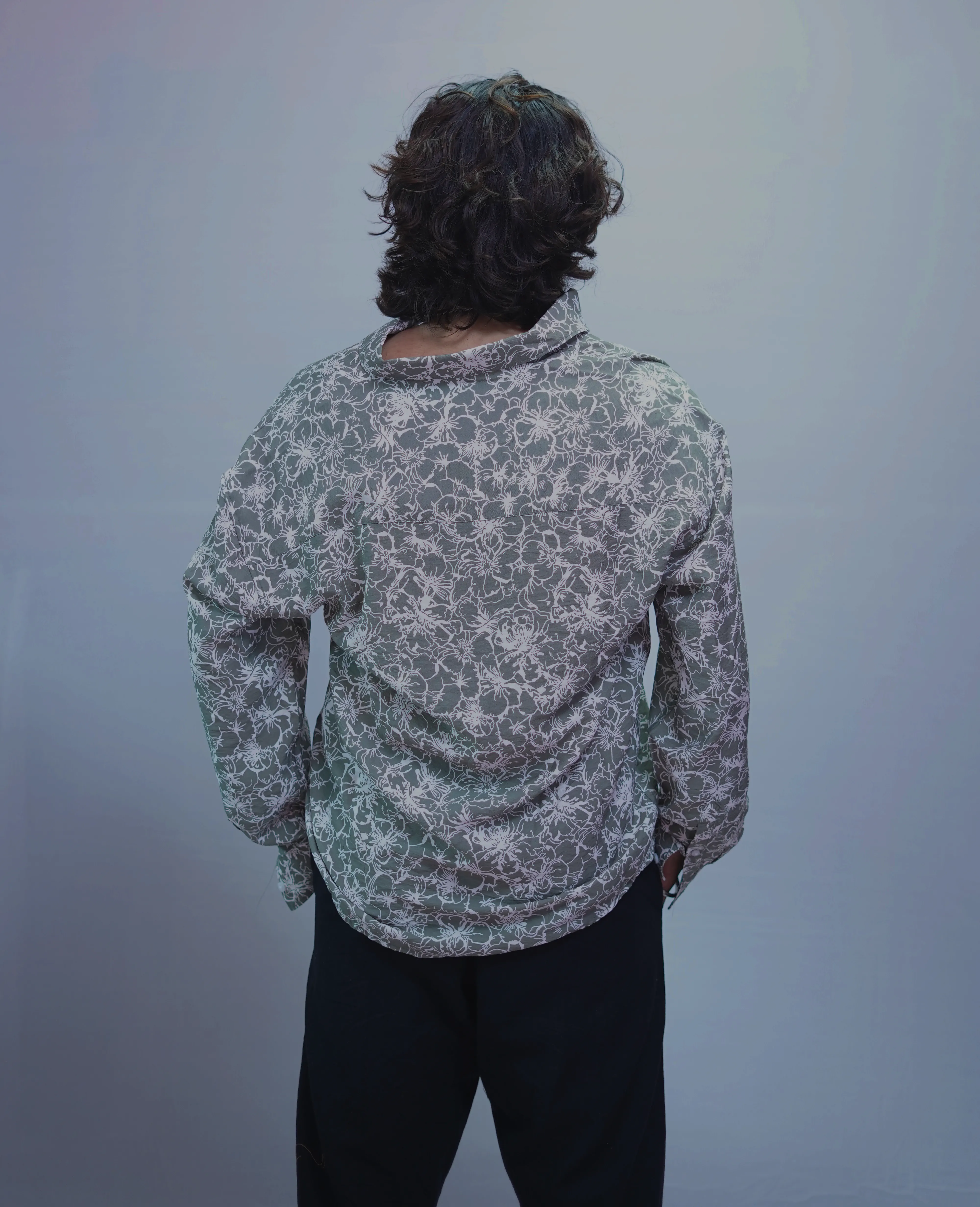 GREEN LINEN  PRINTED SHIRT
