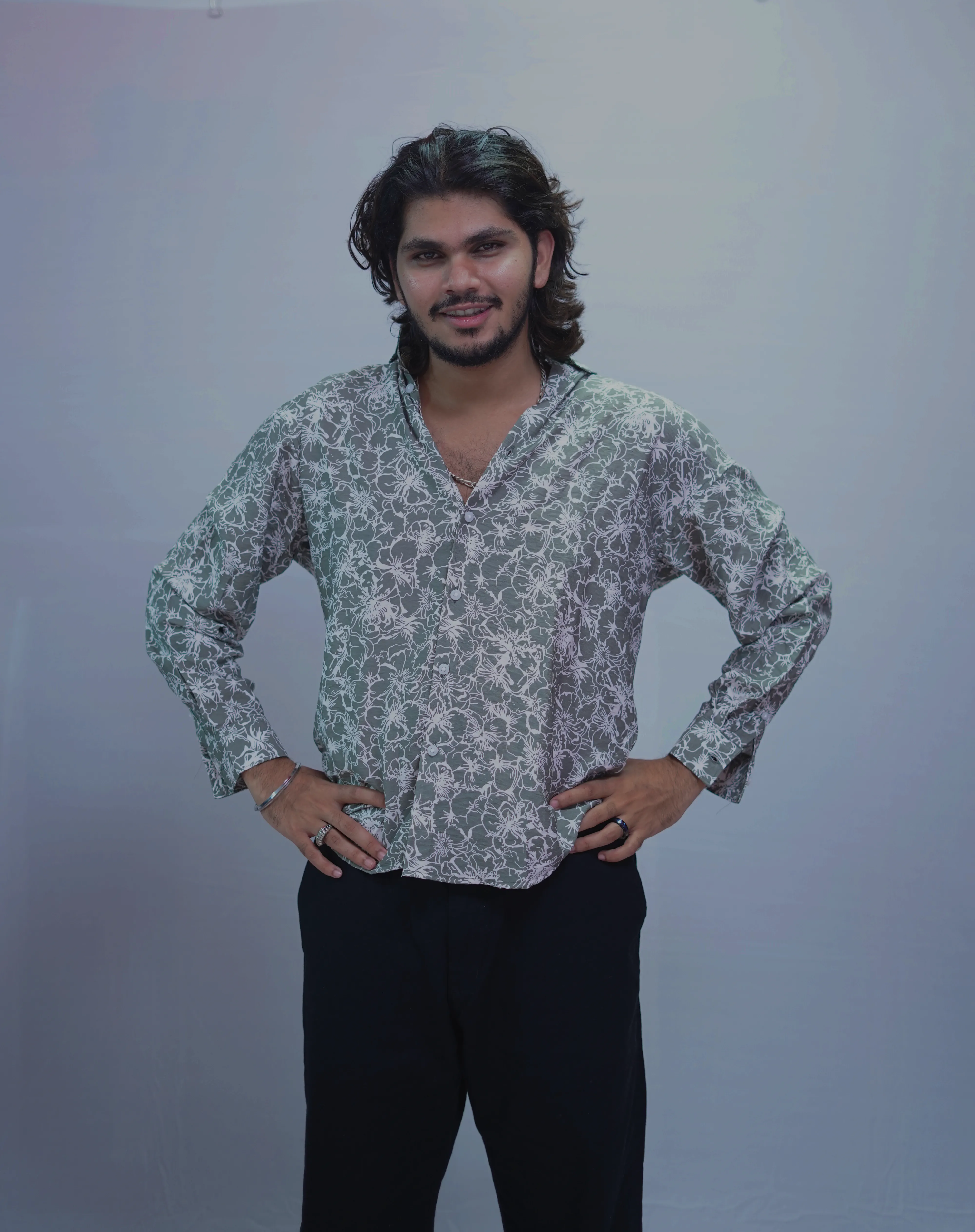 GREEN LINEN  PRINTED SHIRT