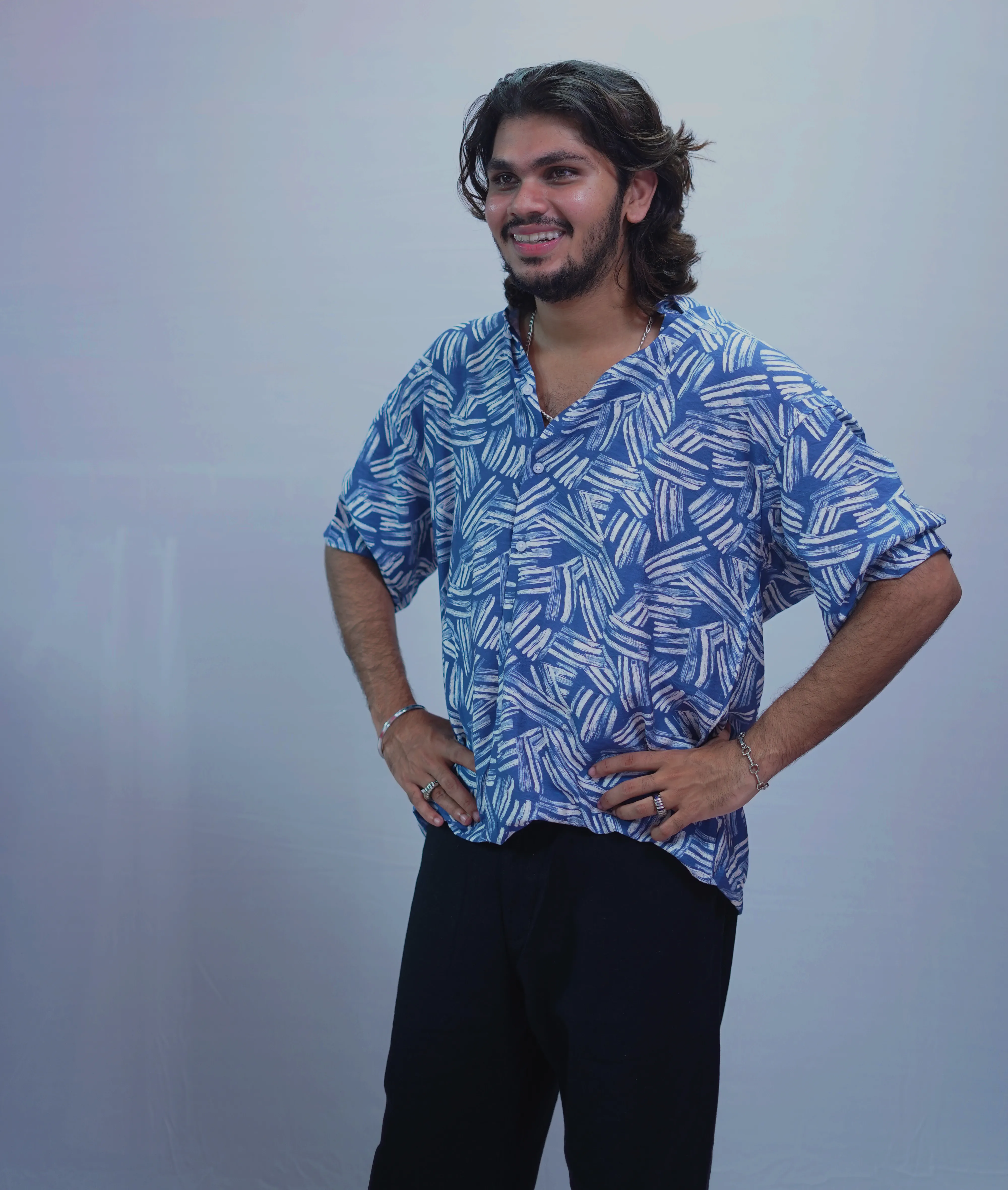 LINEN BLUE  BRUSH PRINTE HALF SLEEVE
