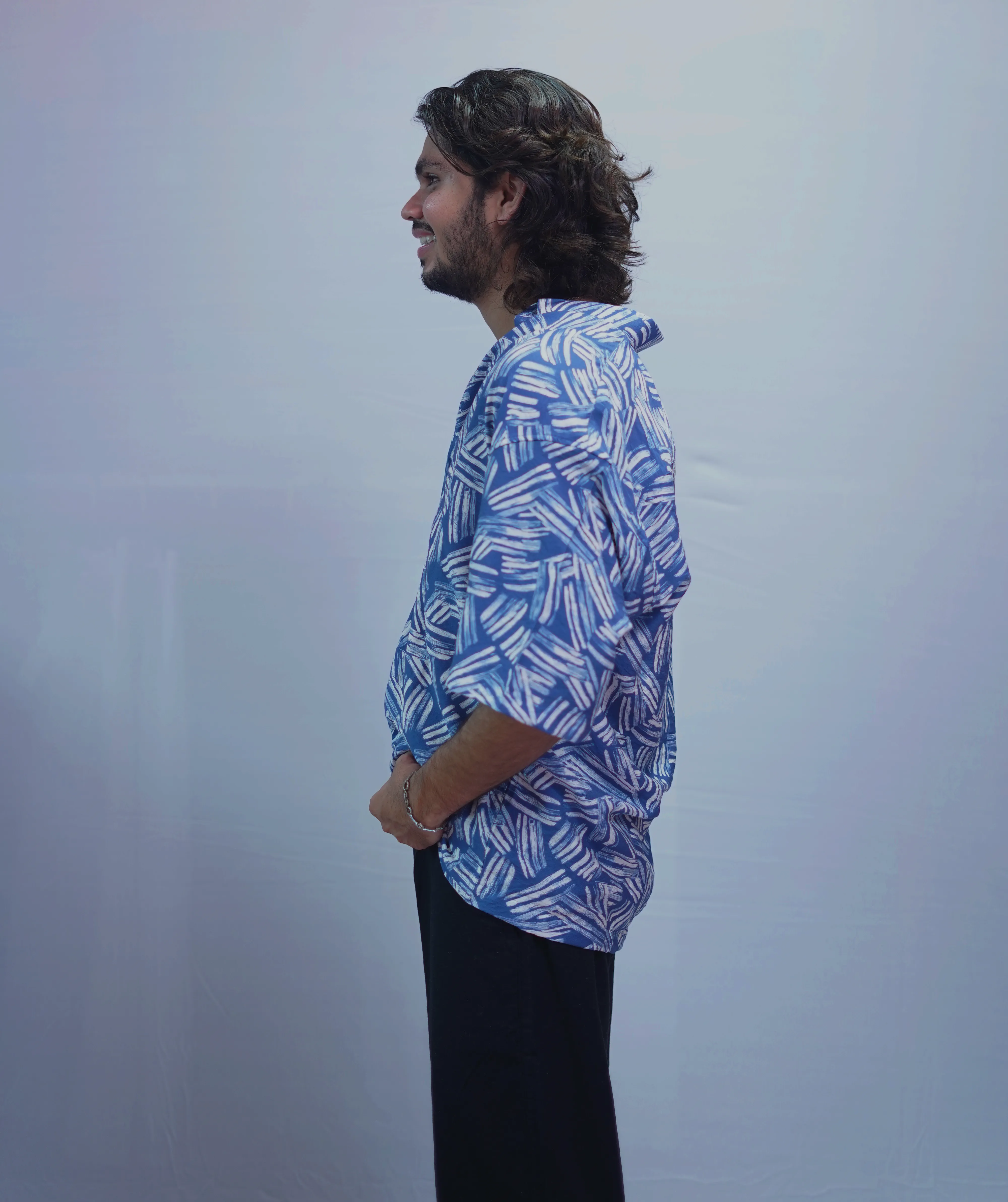 LINEN BLUE  BRUSH PRINTE HALF SLEEVE