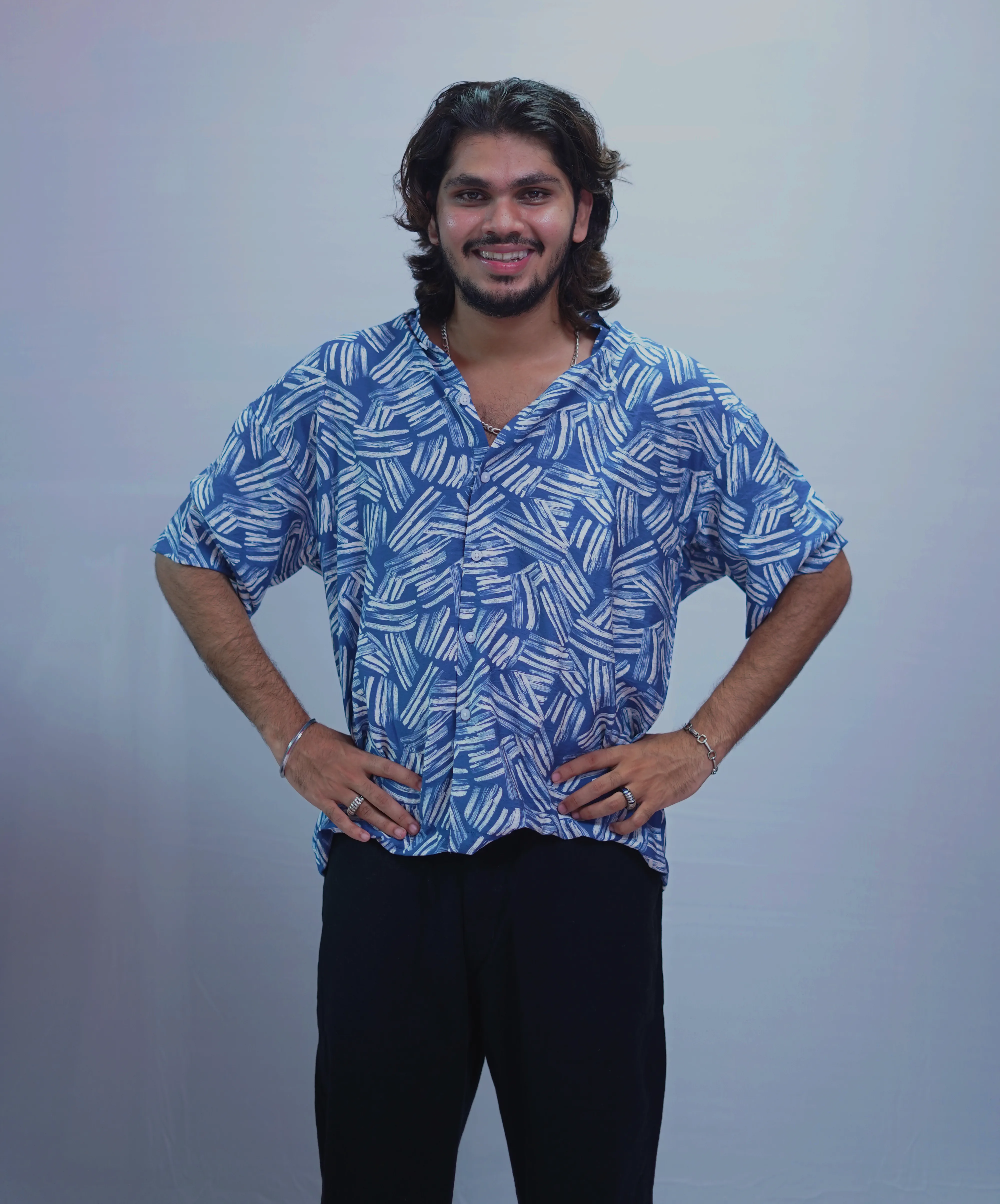 LINEN BLUE  BRUSH PRINTE HALF SLEEVE