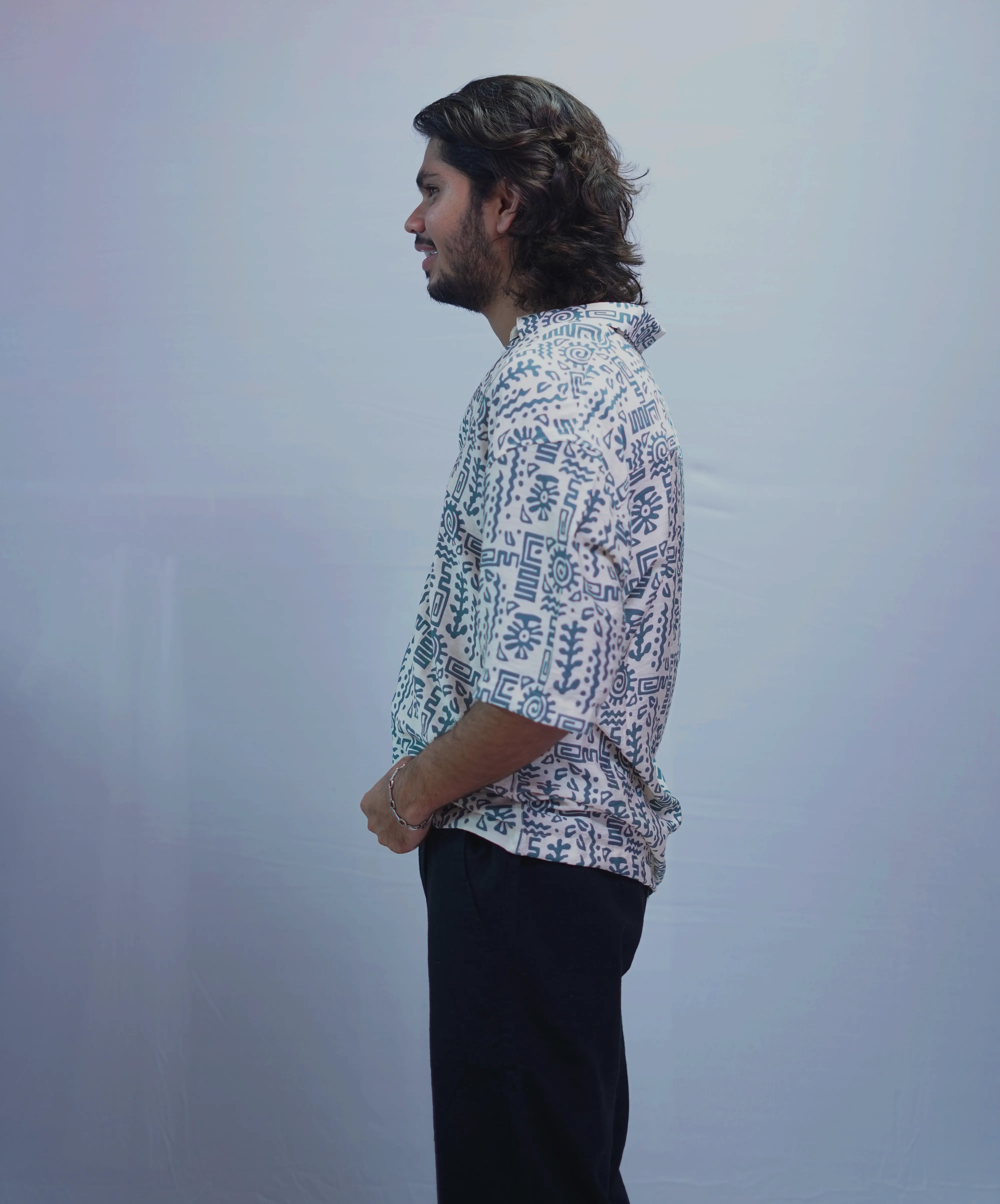 LINEN GREEN BRUSH PRINTED HALF SLEEVE