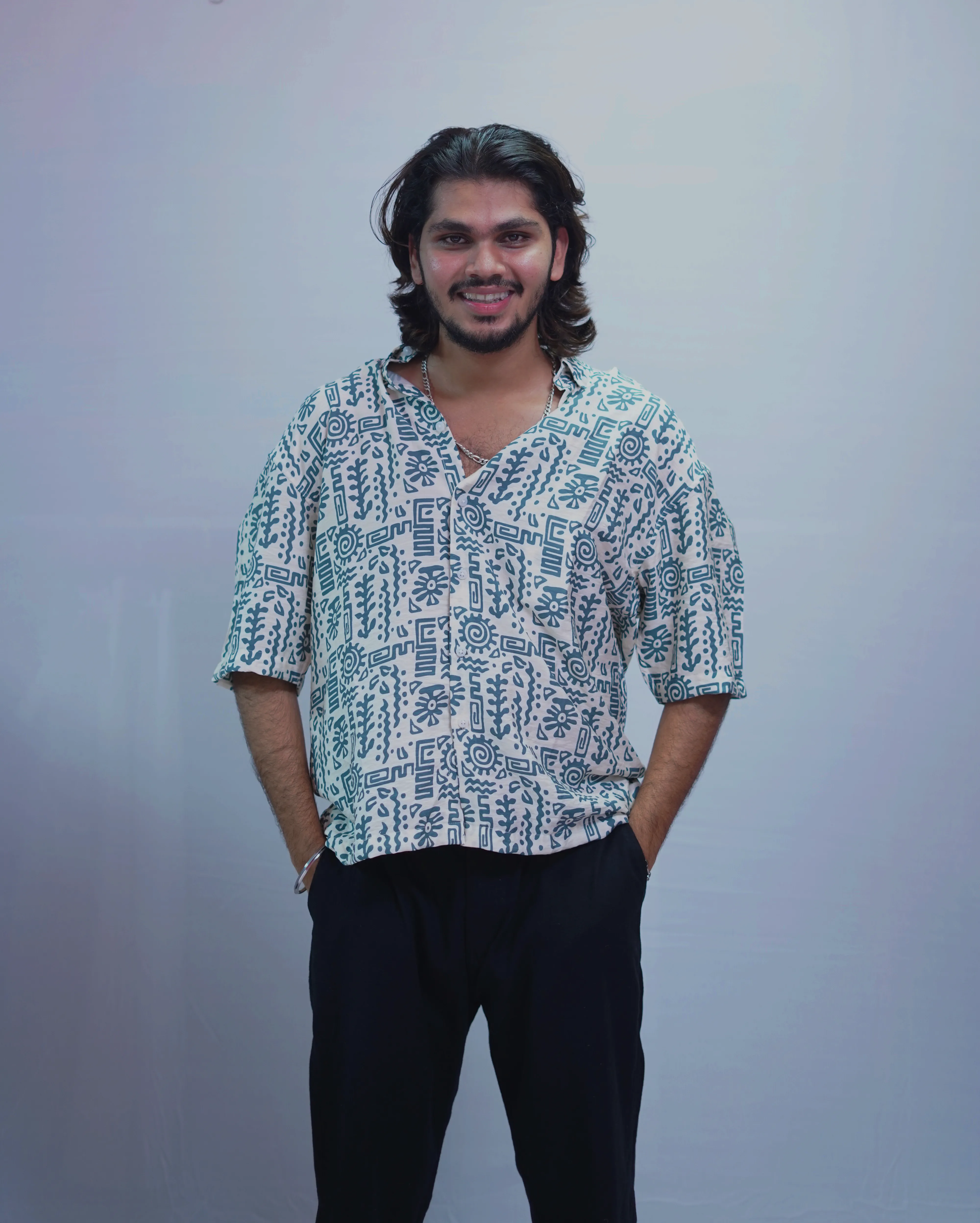 LINEN GREEN BRUSH PRINTED HALF SLEEVE