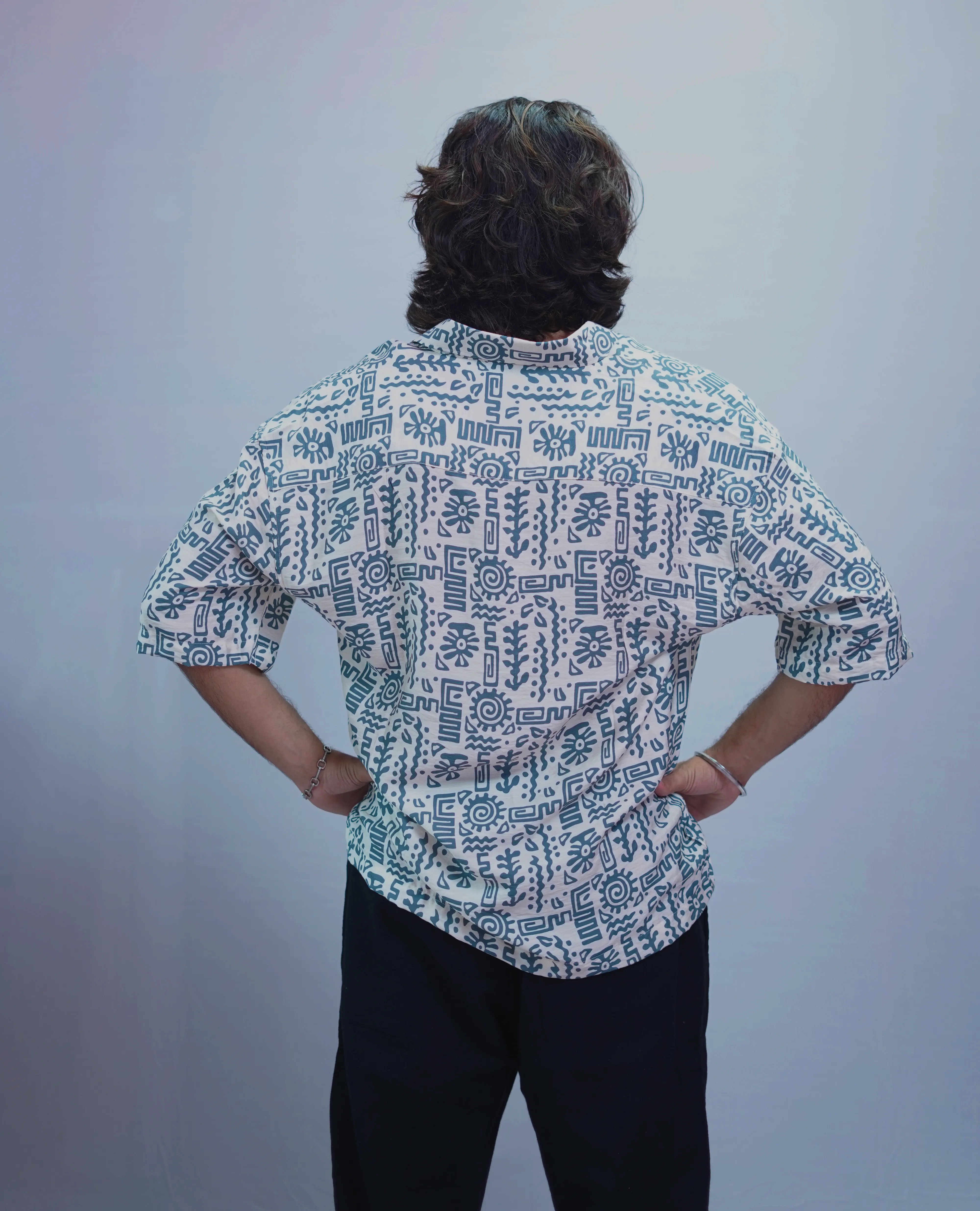 LINEN GREEN BRUSH PRINTED HALF SLEEVE
