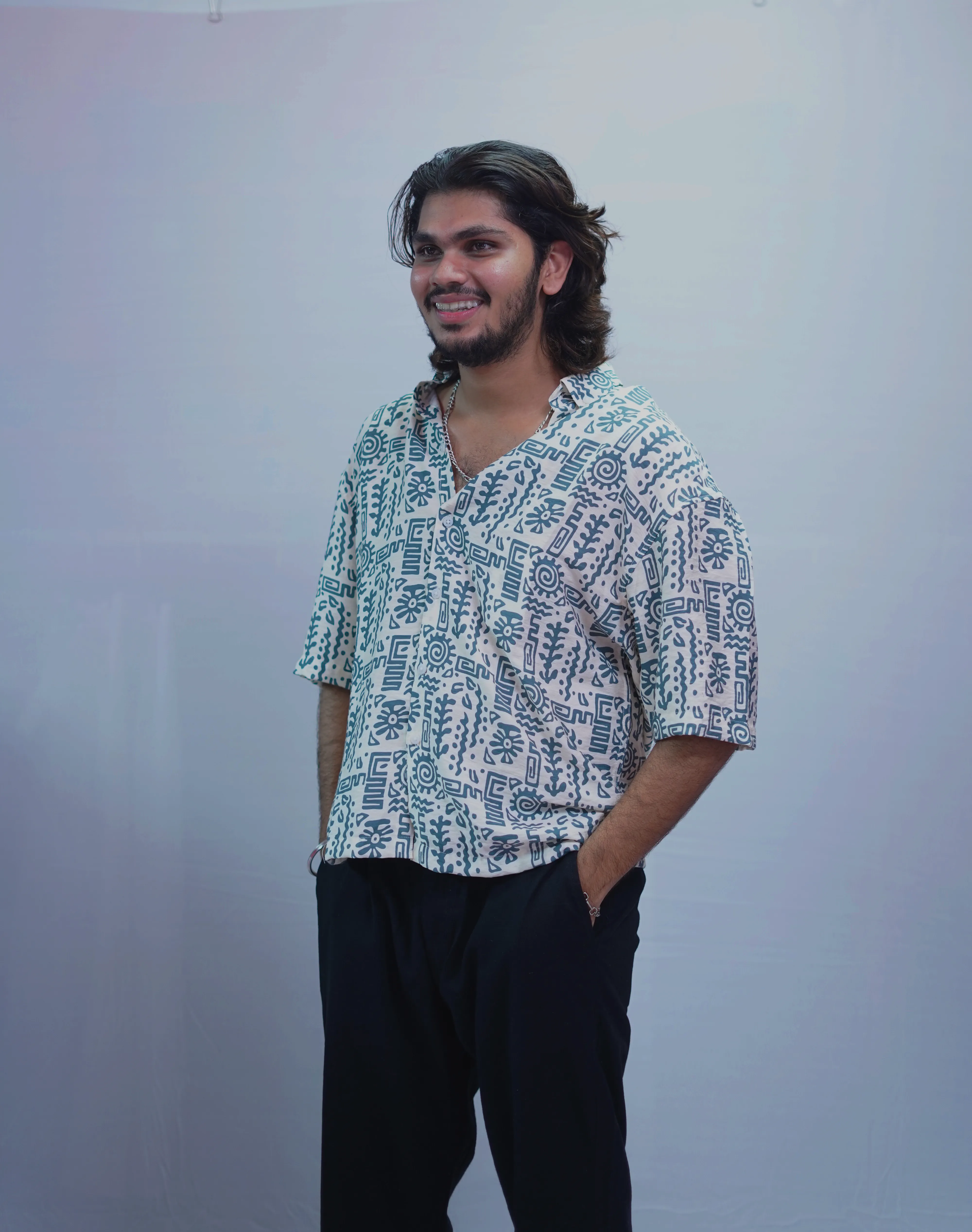 LINEN GREEN BRUSH PRINTED HALF SLEEVE