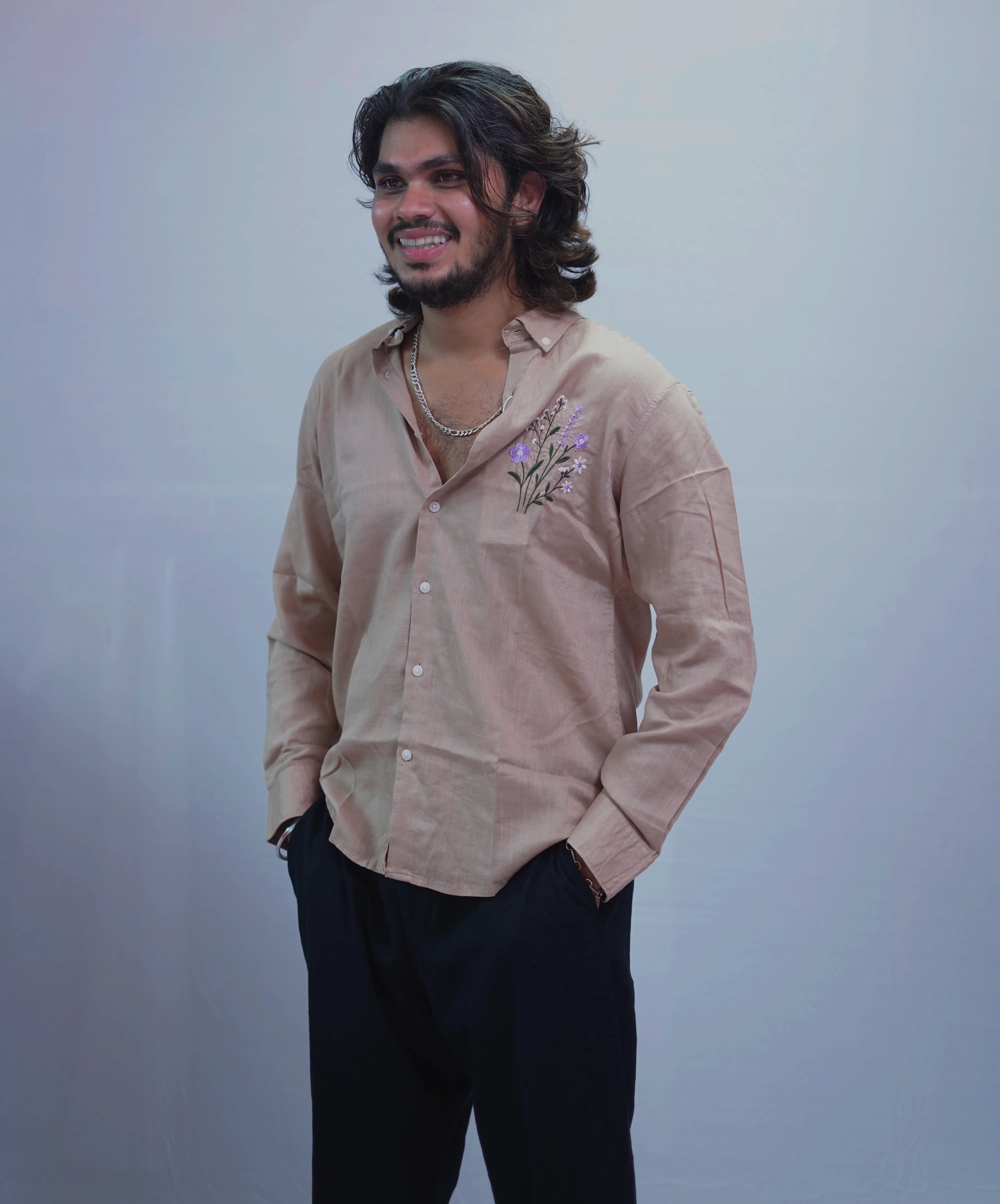 LINEN  BEIGE LEAF EMBROIDERY