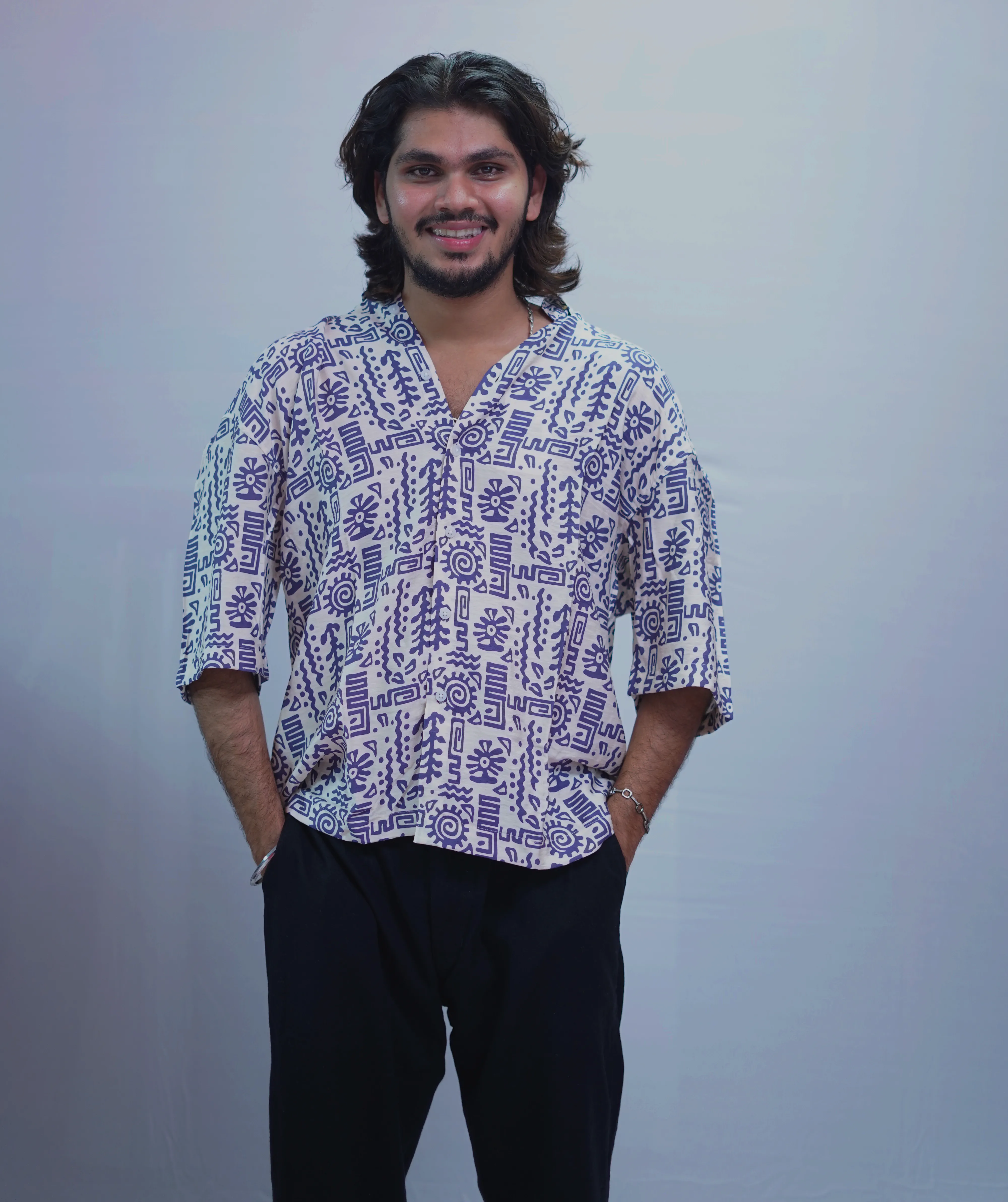 LINEN PURPLE BRUSH PRINTED HALF SLEEVE
