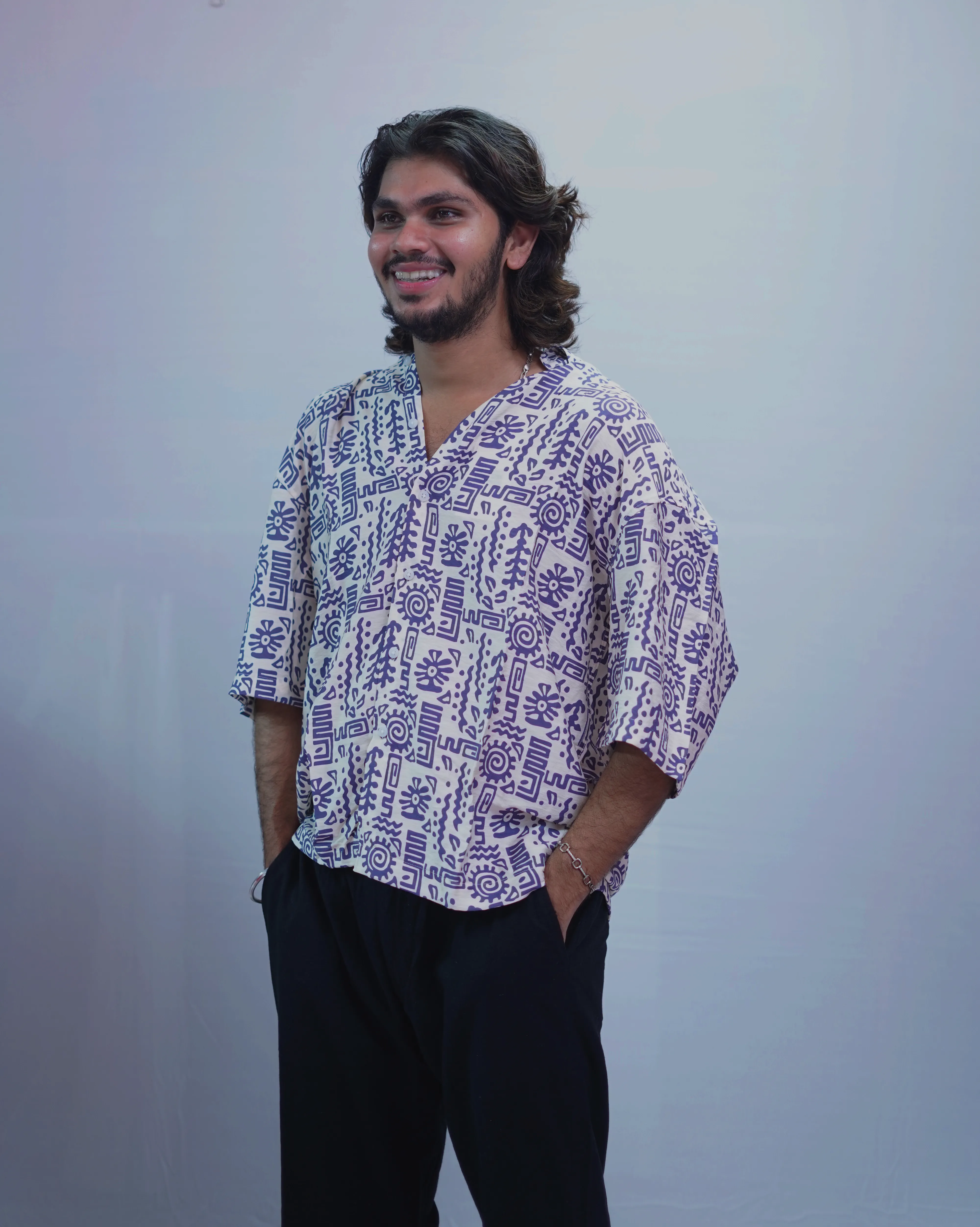 LINEN PURPLE BRUSH PRINTED HALF SLEEVE