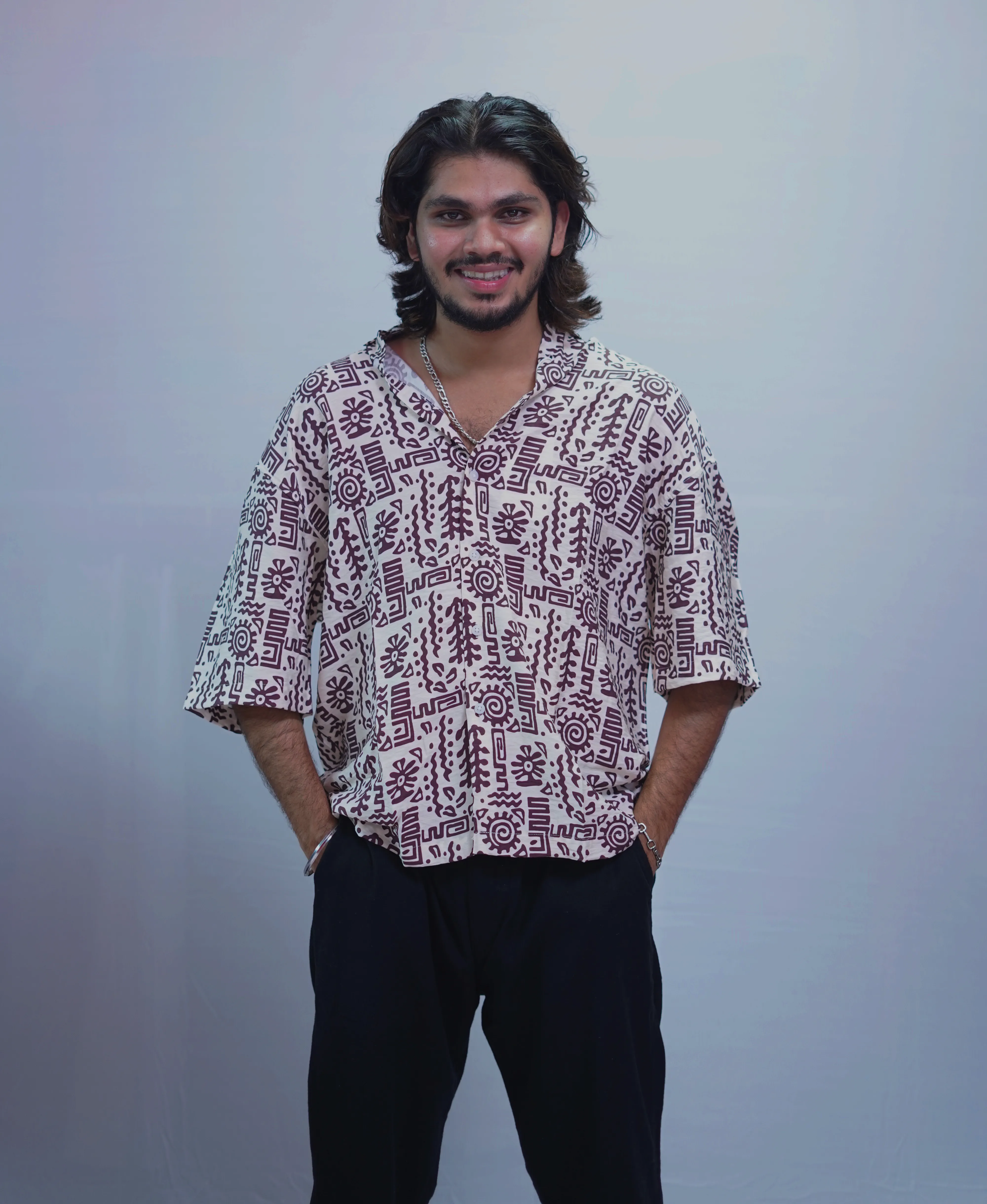 LINEN RED BRUSH PRINTED HALF SLEEVE