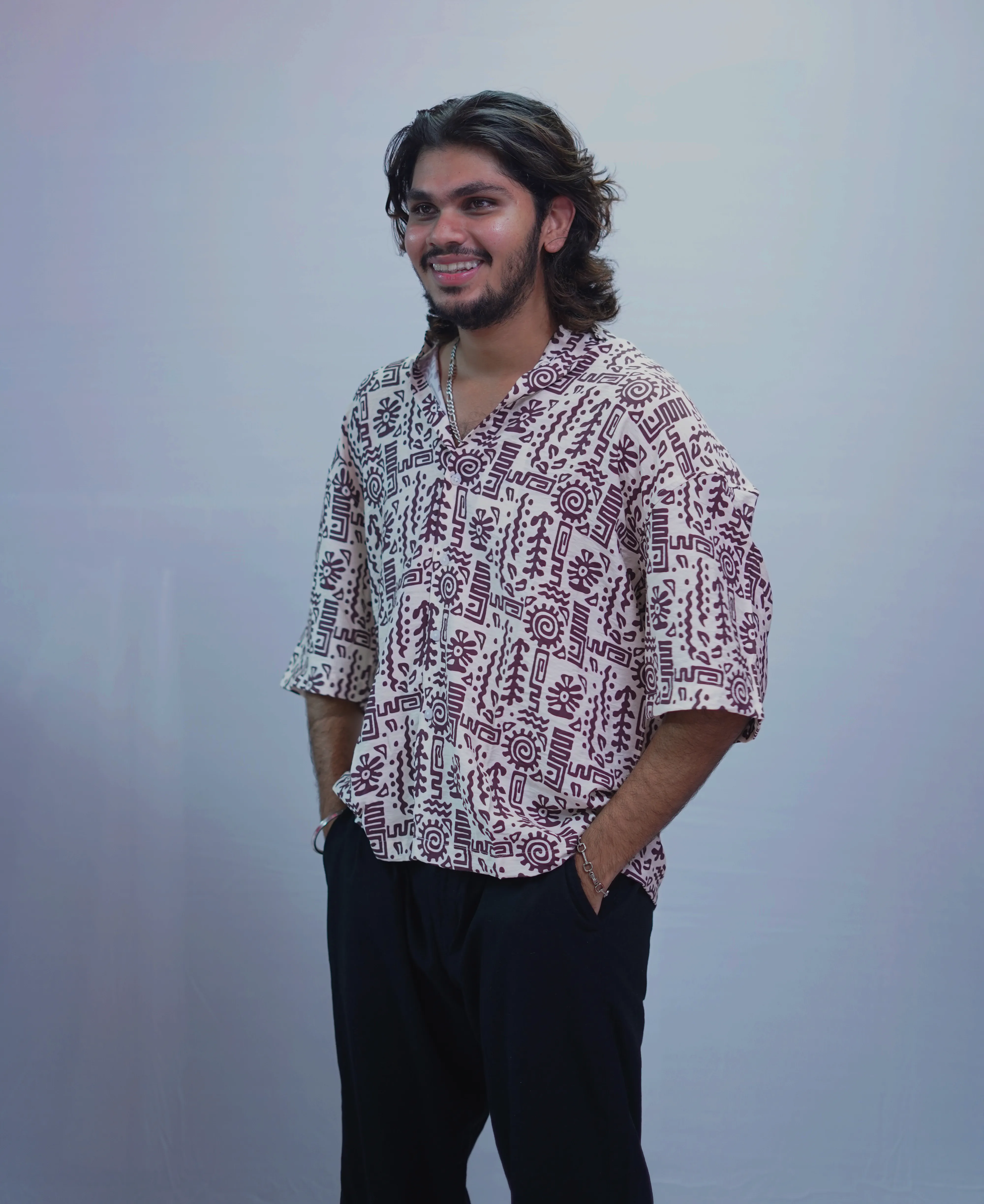 LINEN RED BRUSH PRINTED HALF SLEEVE
