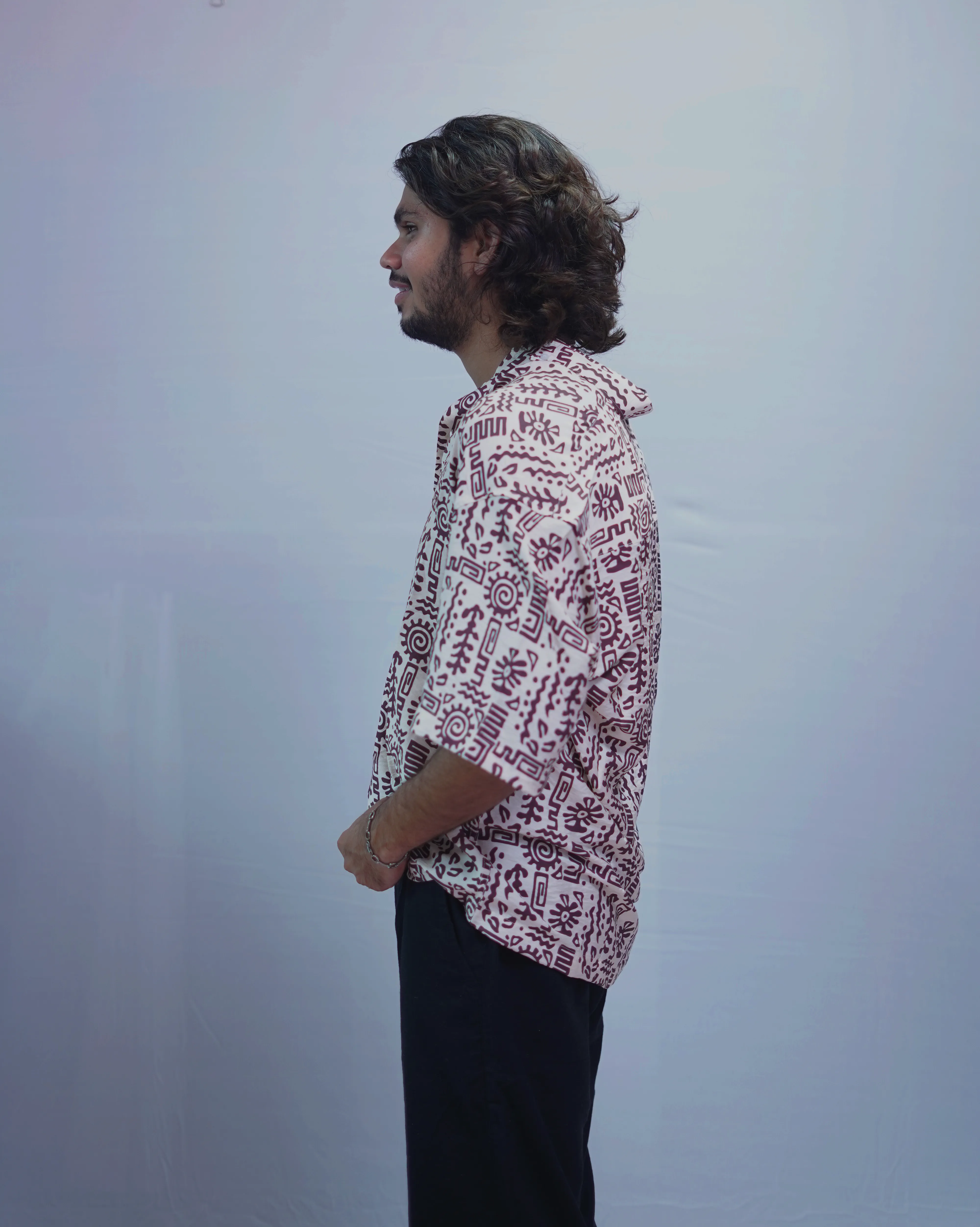 LINEN RED BRUSH PRINTED HALF SLEEVE