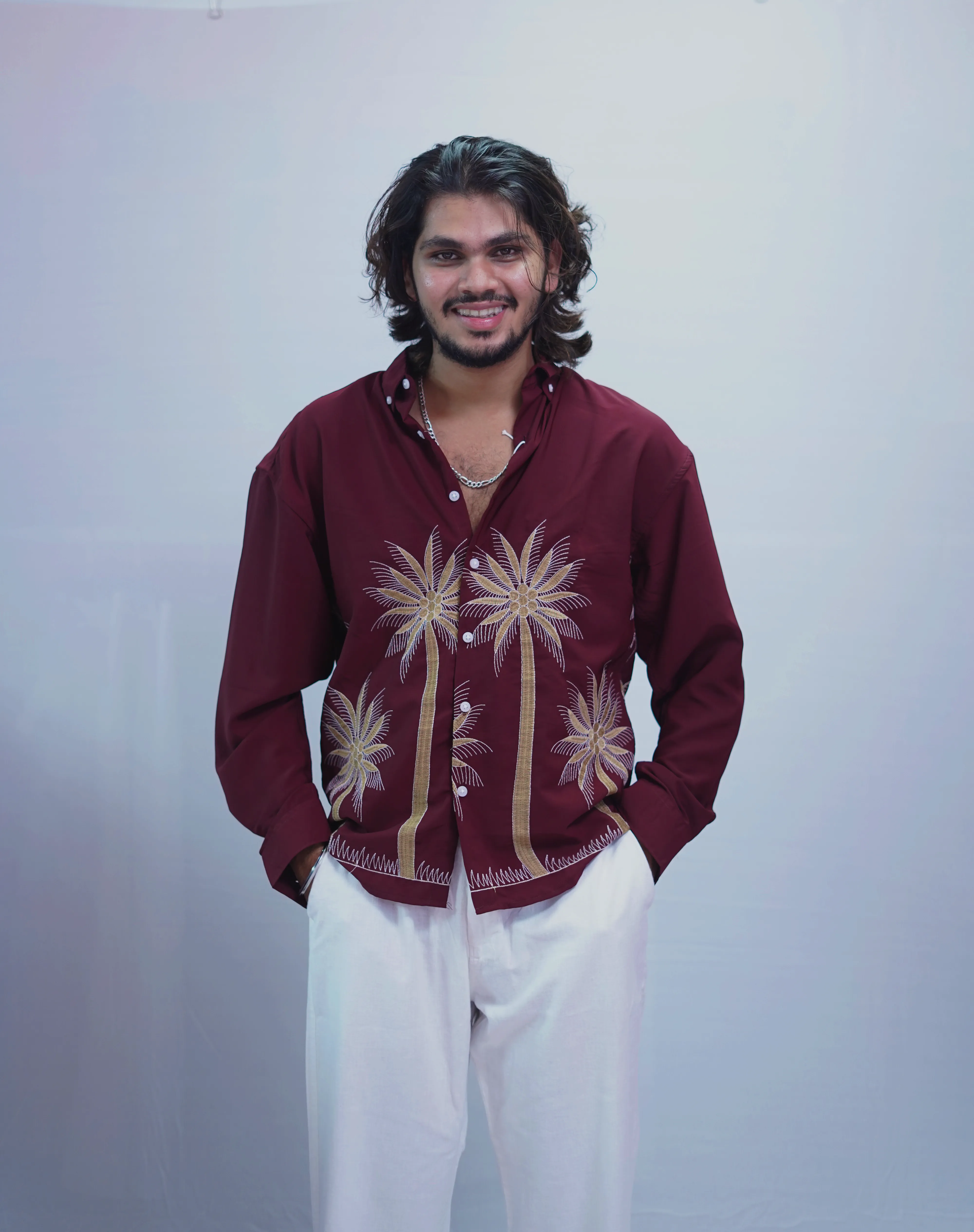 MAROON TREE EMBROIDERY SHIRT