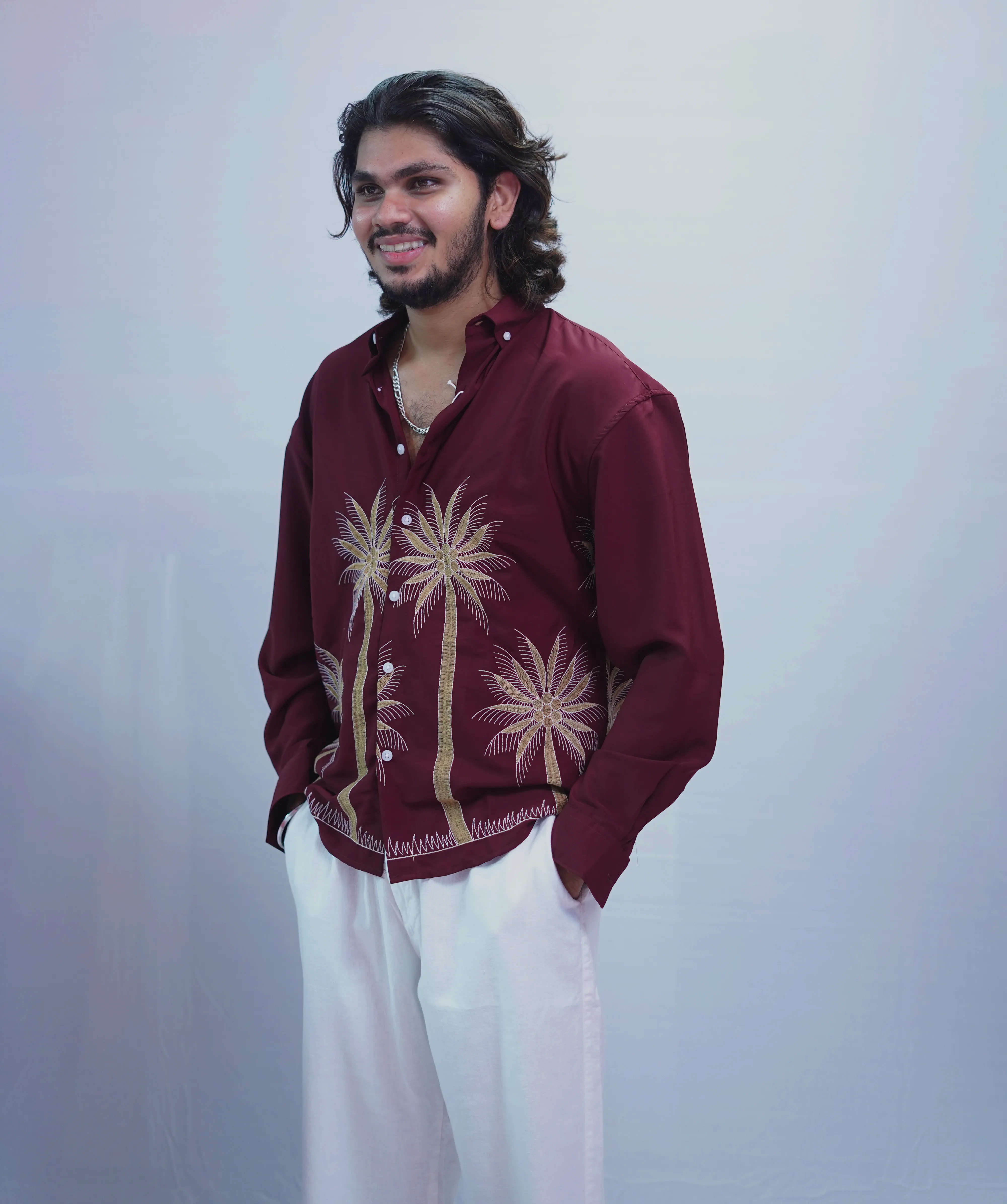 MAROON TREE EMBROIDERY SHIRT