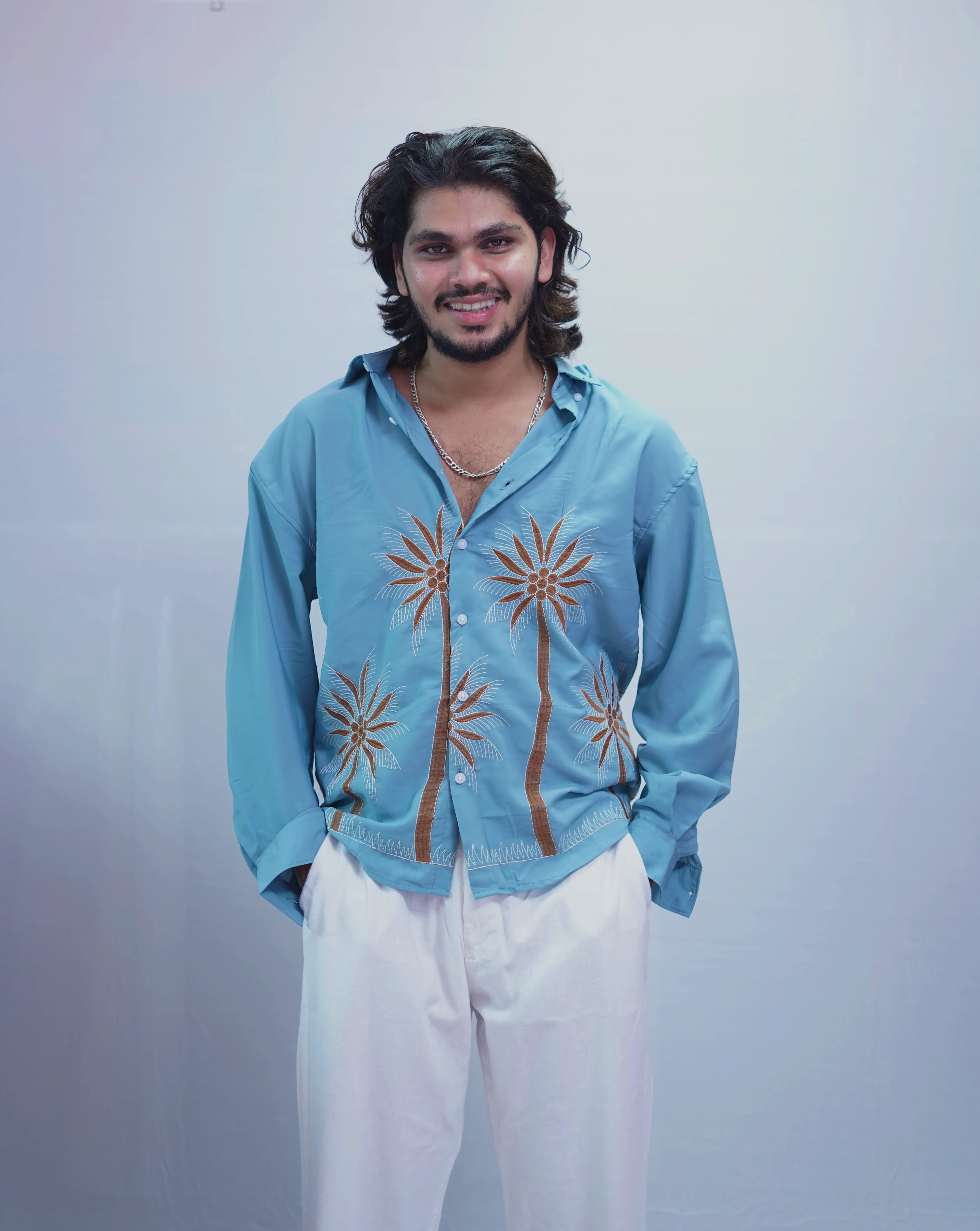 OCEAN BLUE TREE EMBROIDERY SHIRT