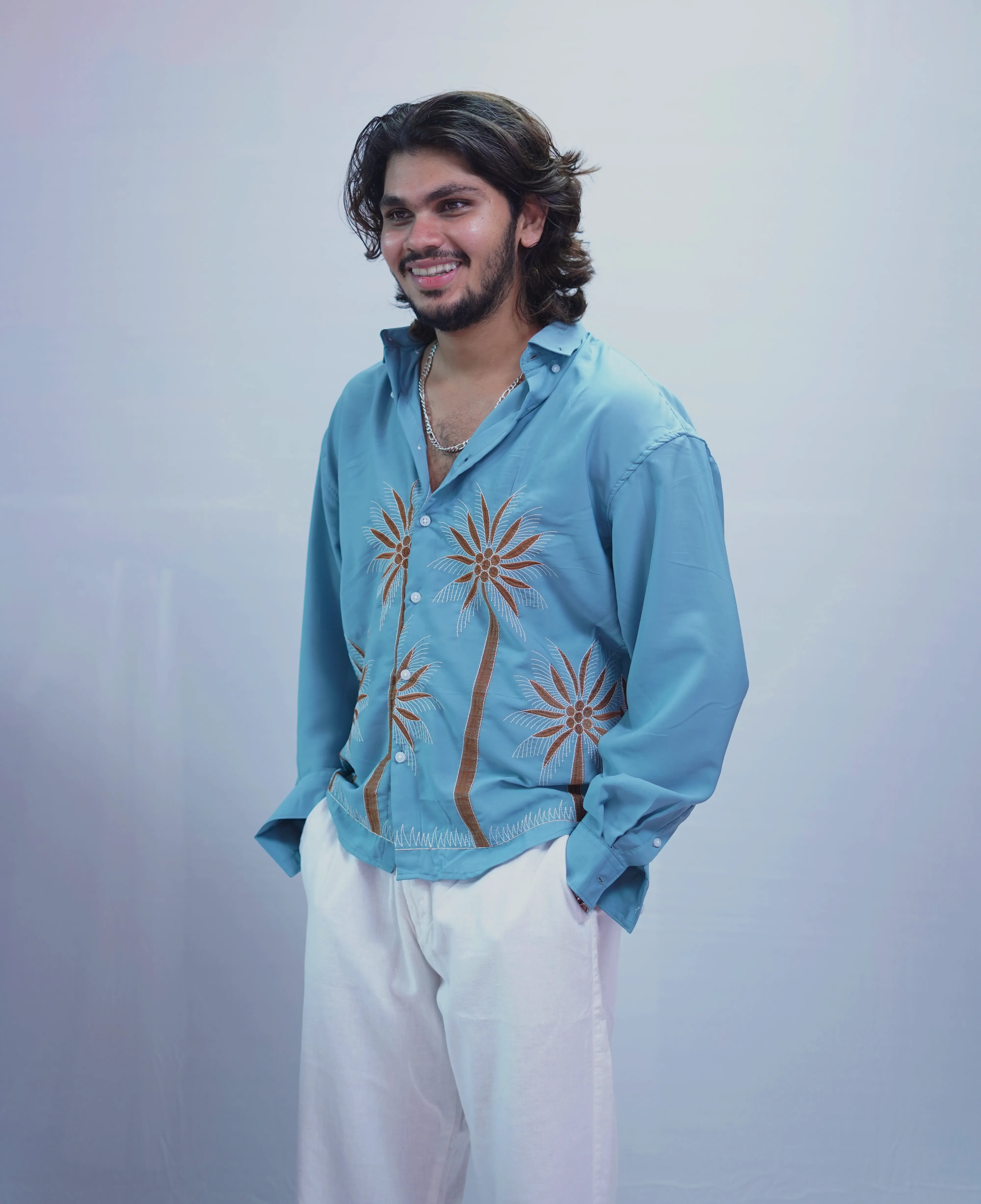 OCEAN BLUE TREE EMBROIDERY SHIRT