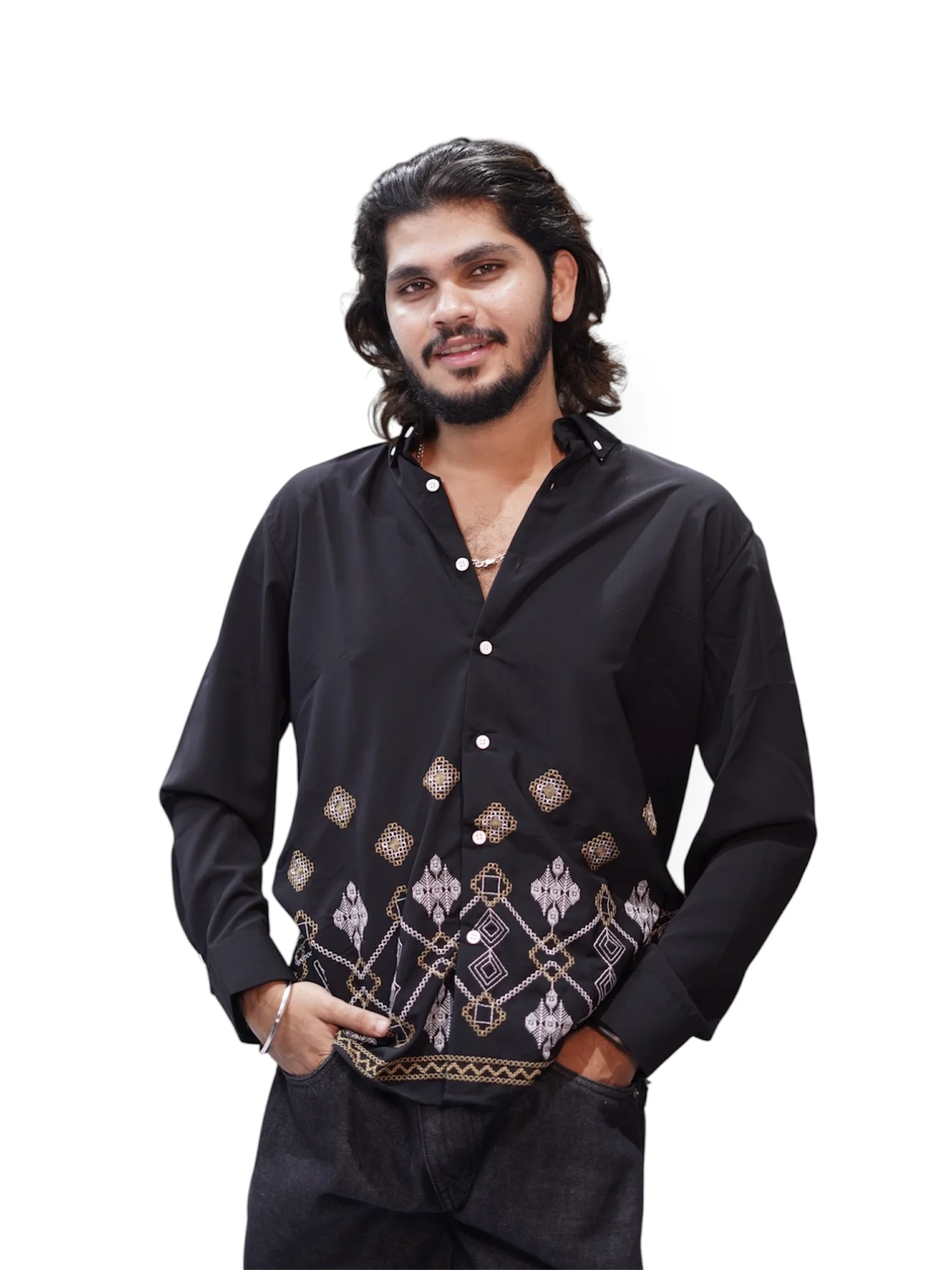 JET BLACK GEO EMBROIDERY SHIRT