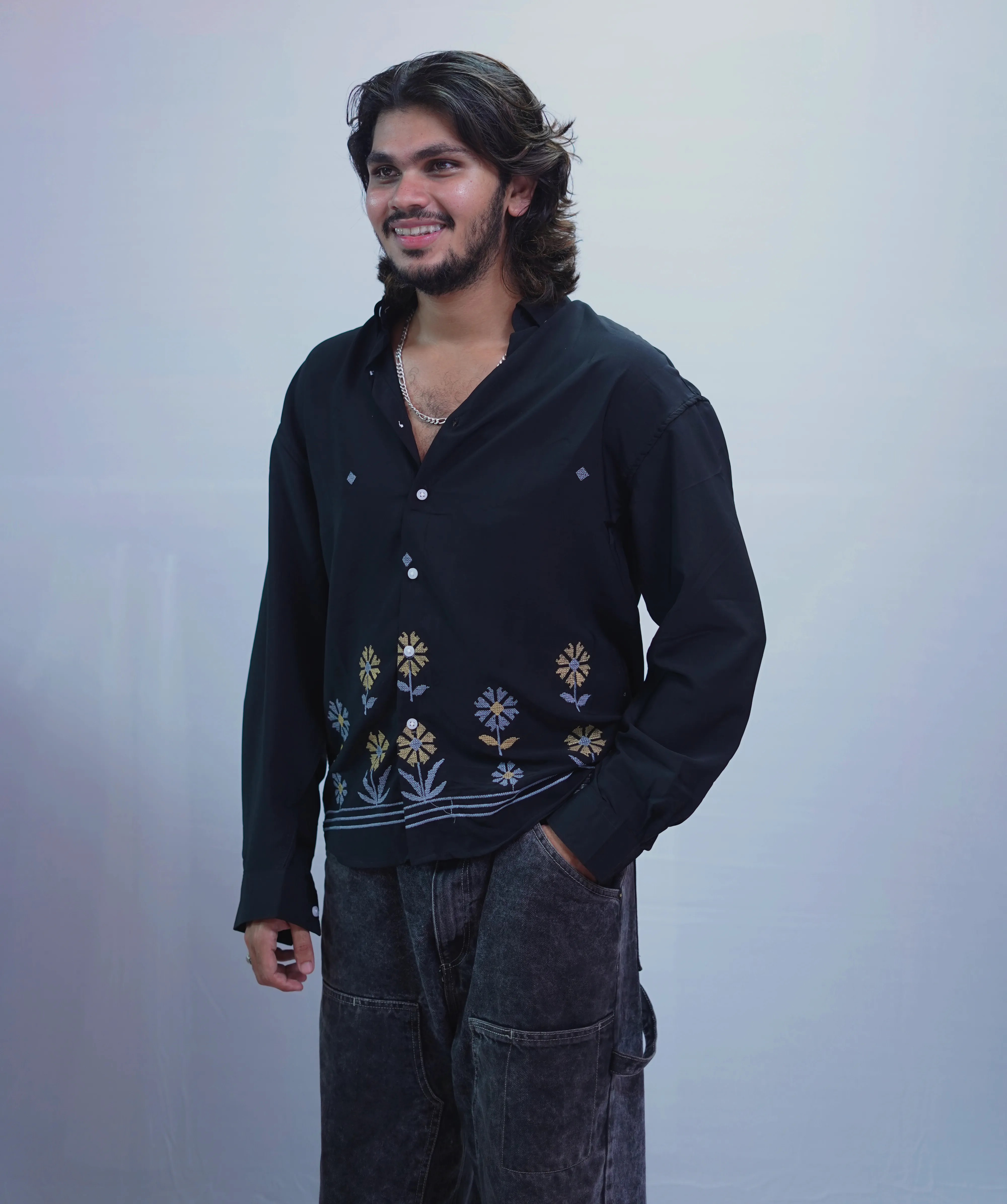 JET BLACK FLOWER EMBROIDERY SHIRT