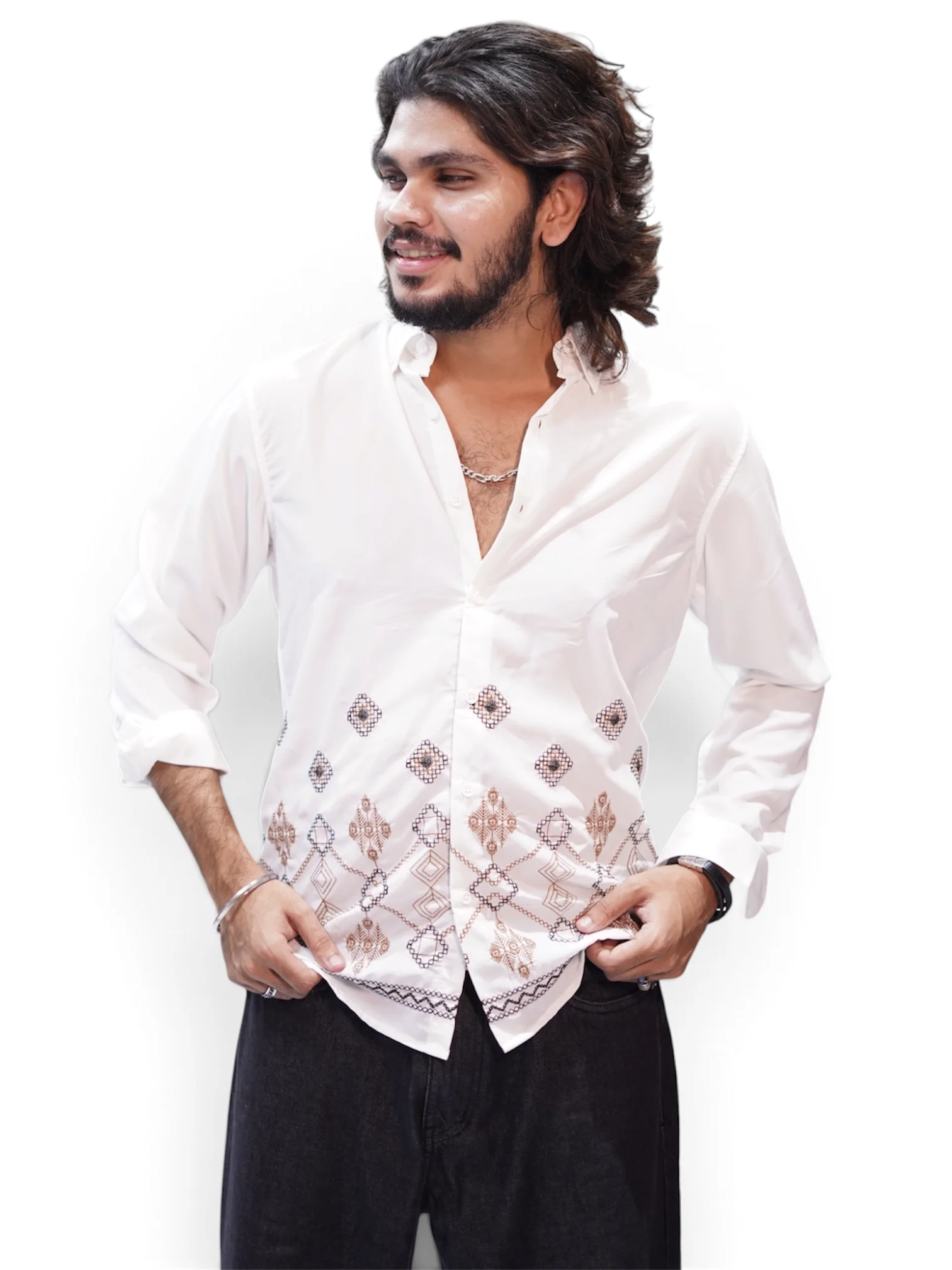 SMOKE WHITE GEO EMBROIDERY SHIRT