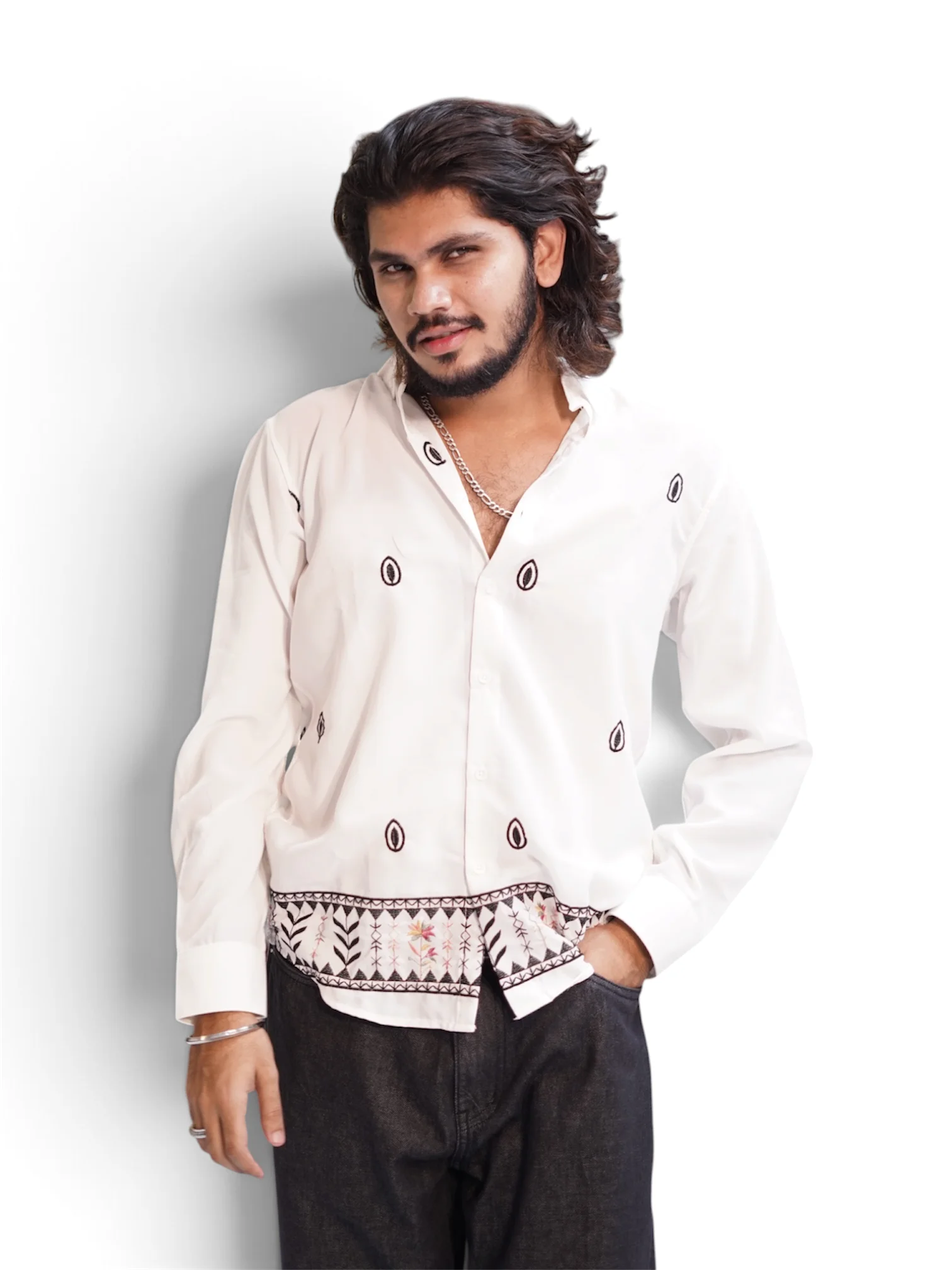 SMOKE WHITE SHELL EMBROIDERY SHIRT